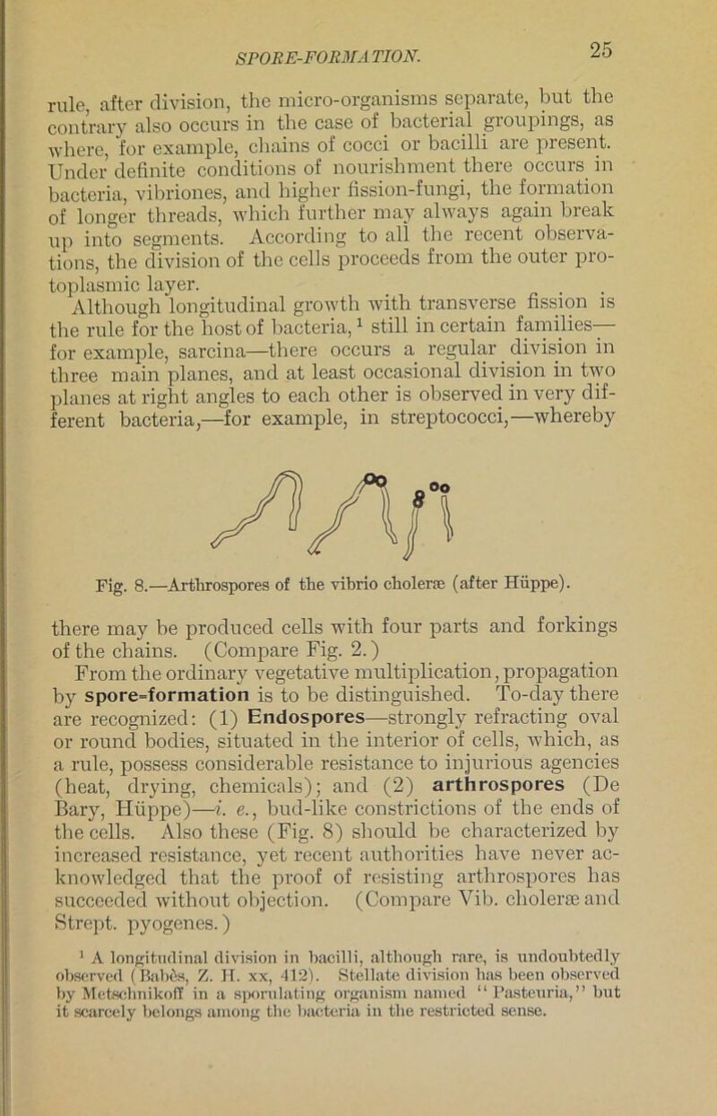 SPORE-FORMA TION. rulc after division, the micro-organisms separate, but the contrary also occurs in the case of bacterial groupings, as where, for exaxnple, cbains of cocci or bacilli are present. XJnder definite conditions of nourishment there occurs in bacteria, vibriones, and higher fission-fungi, the formation of longer threads, which further may always again break up into segments. According to all the recent observa- tions, the division of the cells proceeds from the outer pro- toplasmic layer. Although'longitudinal growth with transverse fission is the rule for the host of bacteria,1 still in certain families— for example, sarcina—there occurs a regulär division in three main planes, and at least occasional division in two planes at right angles to each other is observed in very dif- ferent bacteria,—for example, in Streptococci,—whereby Fig. 8.—Arthrospores of the vibrio cholerse (after Hüppe). there may be produced cells with four parts and forkings of the chains. (Compare Fig. 2.) From the ordinary vegetative multiplication, propagation by spore=formation is to be distinguished. To-day there are recognized: (1) Endospores—strongly refracting oval or round bodies, situated in the interior of cells, which, as a rule, possess considerable resistance to injurious agencies (heat, drying, Chemicals); and (2) arthrospores (De Bary, Hüppe)—i. e., bud-like constrictions of the ends of tbe cells. Also these (Fig. 8) should be characterized by increased resistance, yet recent authorities have never ac- knowledged that the proof of resisting arthrospores has succeeded without objection. (Compare Vib. cholerse and Strept. pyogenes.) 1 A longitudinal division in bacilli, although rare, is undoubtedly observed (Babös, Z. H. xx, 412). Stellate division has been observed by Metschnikoff in a sporulating organism named “ Pasteuria, ” but it scareely belongs among the bacteria in the restricted sense.
