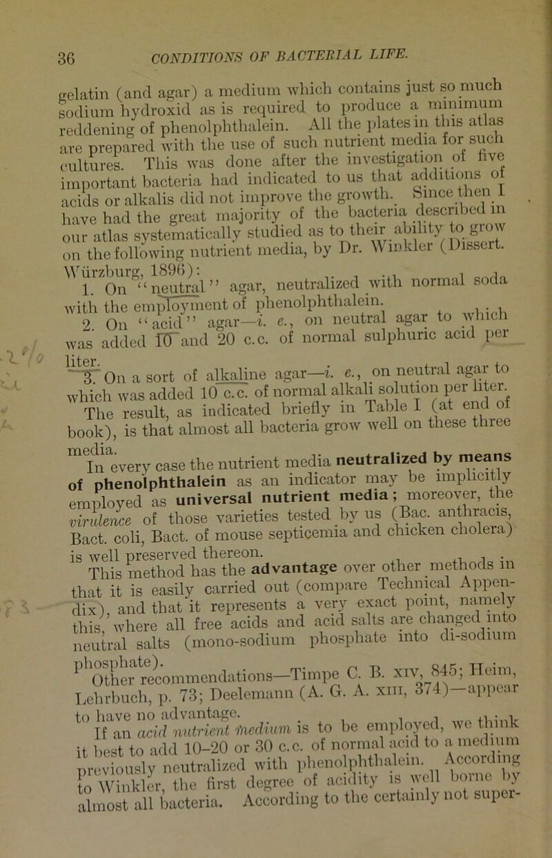 gelatin (and agar) a medium which contains just somuch sodium hydroxid as is required to produce a minimum reddening of phenolphthalein. Ali the plates in this alias are prepared with the use of such nutnent media for such cultures. This was done after the mvestigation of hve important bacteria had indicated to us that additions ot acids or alkalis dkl not improve the growth. Smce then I have had the great majonty of the bacteria described in our atlas systematically studied as totheir abihty o g on the following nutrient media, by Dr. Winkler (Disscrt. Aurzbmg^ 18%^ineutralized with normal soda with the employment of phenolphthalein. 2 On “acid” agar—i. e., on neutral agar to whic was added TÖ~and 20 c.c. of normal sulphunc acid per HT On a sort of alkaline agar—i. e., on neutral agar to which was added 10 c.c. of normal alkall solution per hter The result, as iudicated bnefly in Table I (at end o book), is that almost all bacteria grow well on tliese thiee m'Inevery case the nutrient media neutralized by means of phenolphthalein as an indicator may he lmplicitly employed as universal nutrient media; moreover, the virulence of tliose varieties tested byus (Bac. anthracis, Bact. coli, Bact. of mouse septigemia and ducken Cholera; is well preserved thereon. This method has the ad van tage over other methods in that it is easily carried out (compare Technical Appen- dix; and that it represents a very exact point, nameiy this where all free acids and acid salts are changed lnto neutral salts (mono-sodium phosphate mto di-sodium PhOther recommendations—Timpe C. B. xw, 845; Heim, Lehrbuch, p. 73; Deelemann (A. G. A. xm, 3/4; appear to have no advantage. , . , If an acid nutrient medium is to be employed, we thi v it best to add 10-20 or 30 c.c. of normal acid to a medium previously neutralized with phenolphthalein. According to Winkler, the first degree of acidity is well borne >> almost all bacteria. According to the certamly not super-
