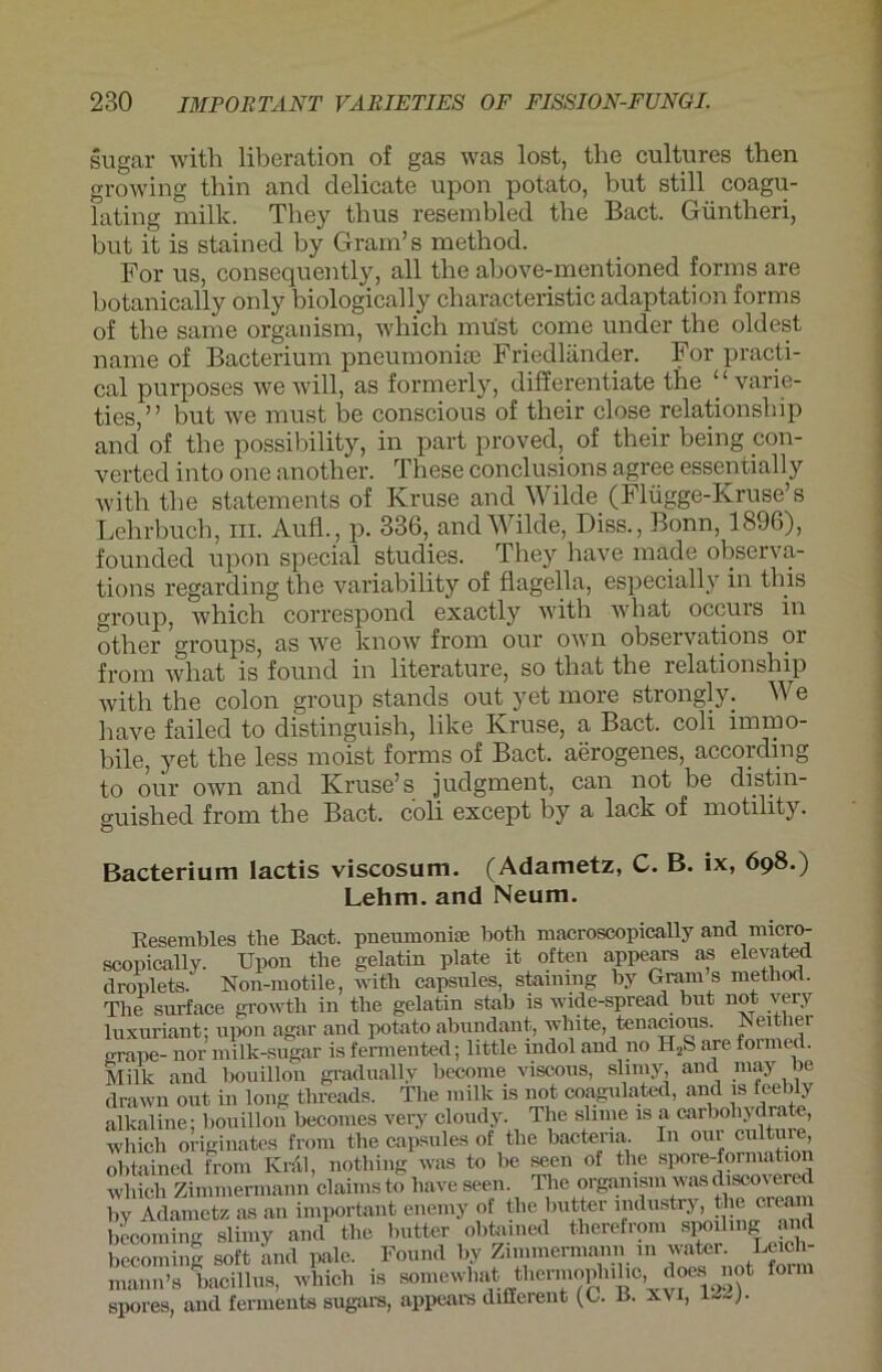 sugar with liberation of gas was lost, tbe cultures then growing thin and delicate upon potato, but still coagu- lating milk. They thus resembled the Bact. Güntheri, but it is stained by Gram’s method. For us, consequently, all the above-mentioned forms are botanically only biologically characteristic adaptation forms of tbe same organism, wbich must come under the oldest name of Bacterium pneumoniae Friedländer. For practi- cal purposes wewill, as formerly, differentiate the “varie- ties,” but Ave must be conscious of their close relationship and of the possibility, in part proved, of their being con- vertecl into one another. These conclusions agree essentially Avith the statements of Kruse and Wilde (Flügge-Kruse’s Lehrbuch, m. Aufl., p. 336, and Wilde, Diss., Bonn, 1896), founded upon special studies. They have made observa- tions regarding the variability of flagella, especially in this group, which correspond exactly AA'ith Avhat occuis in other groups, as Ave know from our OAvn observations or from Avhat is found in literature, so that the relationship Avith the colon group Stands out yet more strongly. W e have failed to distinguish, like Kruse, a Bact. coli immo- bile, yet the less moist forms of Bact. aerogenes, according to our own and Kruse’ s judgment, can not be distin- guished from the Bact. coli except by a lack of motility. Bacterium Iactis viscosum. (Adametz, C. B. ix, 698.) Lehm, and Neum. Resembles the Bact. pneumoniae both macroscopically and micro- scopically. Upon the gelatin plate it often appears as elevated droplets. Non-motile, with capsules, staming by Gram s method. The surface growth in the gelatin stab is wide-spread but not very luxuriant; upon agar and potato abundant, white, tenacious. Seither jjrape- nor millt-sugar is fermented; little indol and 110 H2S are formen. Milk and bouillon gradually become viscons, slimy, and may be drawn out in long threads. The milk is not coagulated, and is feebly alkaline; bouillon becomes very cloudy. The sliine is a carbohydrate, which originates from the capsules of the bactena. In our cuiture, obtained from Krdl, nothing was to be seen of the spore-formation which Zimmermann Claims to have seen. The organism was discov erecl by Adametz as an important enemy of the butter industry, the crean bccoming slimy and the butter obtained therefrom spodmg and becoming soft and pale. Found by Zimmermann in water. Luc - mann’s bacillus, which is somewhat theimophilic does not f) spores, and ferments sugars, appears different (0. B. xvi,