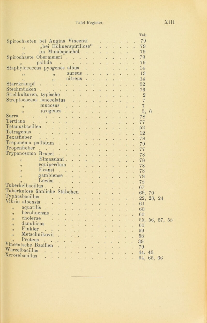Spirochaeten bei Angina Vincenti „ „bei Hühnerspirillose“ „ im Mundspeichel Spirochaete Obermeieri . . . ,, pallida . . . Staphylocoecus pyogenes albus „ „ aureus „ „ citreus Starrkrampf .... Stechmücken .... Stichkulturen, tyjfische Streptococcus lanceolatus „ mucosus „ pyogenes Surra Tertiana Tetanusbacillen . . Tetragenus .... Texasfieber .... Treponema pallidum . Tropenfieber .... Trypanosoma Brucei . „ Elmassiani „ equiperdum „ Evansi . „ gambiense „ Lewisi Tuberkelbacillus Tuberkulose ähnliche Stäbchen Typhusbacillus Vibrio albensis aquatilis . . berolinensis . cholerae danubicus Finkler . . Metschnikovii Proteus . . ^ incentsche Bacillen Wurzelbacillus . . Xerosebacillus . . V JJ >> ?? Tab. 79 79 79 79 79 14 13 14 52 76 2 i / I 52 12 78 79 77 78 78 78 78 78 78 67 69, 70 22, 23, 24 61 60 60 55, 56, 57, 58 60 59 58 39 79 44, 45 64, 65. 66