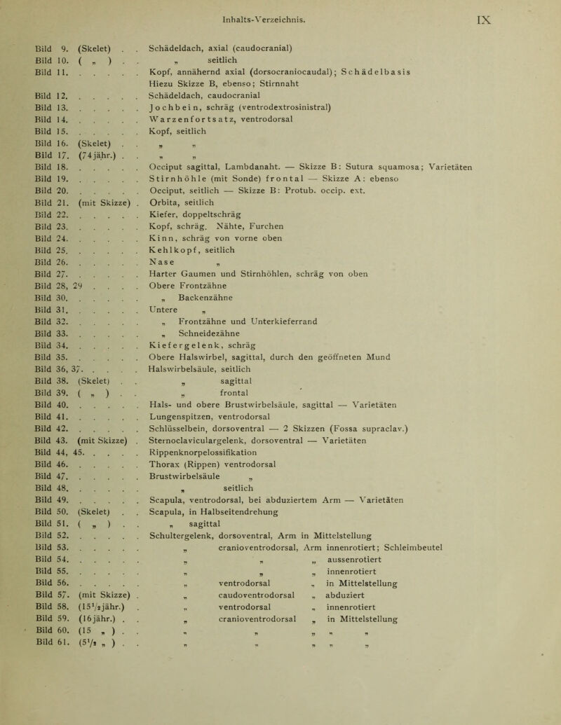 Bild 9. (Skelet) Bild 10. ( „ ) ■ Bild 11. Bild 12. Bild 13. Bild 14. Bild 15. Bild 16. (Skelet) Bild 17. (74 jähr.) . Bild 18. Bild 19. Bild 20. Bild 21. (mit Skizze) Bild 22. Bild 23. Bild 24. Bild 25. Bild 26. Bild 27. Bild 28, 29 . . . Bild 30. Bild 31. Bild 32. Bild 33. Bild 34. Bild 35. Bild 36, 37. . . . Bild 38. (Skelet) Bild 39. ( » ) • Bild 40. Bild 41. Bild 42. Bild 43. (mit Skizze) Bild 44, 45. . Bild 46. Bild 47. Bild 48. Bild 49. Bild 50. (Skelet) Bild 51. ( , ) • Bild 52. Bild 53. Bild 54. Bild 55. Bild 56. Bild 57. (mit Skizze) Bild 58. (157* jähr.) Bild 59. (16jähr.) . Bild 60. (15 „ ) . Bild 61. (5‘/* - ) • Schädeldach, axial (caudocranial) „ seitlich Kopf, annähernd axial (dorsocraniocaudal); Schädelbasis Hiezu Skizze B, ebenso; Stirnnaht Schädeldach, caudocranial Jochbein, schräg (ventrodextrosinistral) Warzenfortsatz, ventrodorsal Kopf, seitlich Occiput sagittal, Lambdanaht. — Skizze B: Sutura squamosa; Varietäten Stirnhöhle (mit Sonde) frontal — Skizze A: ebenso Occiput, seitlich — Skizze B: Protub. occip. ext. Orbita, seitlich Kiefer, doppeltschräg Kopf, schräg. Nähte, Furchen Kinn, schräg von vorne oben Kehlkopf, seitlich Nase „ Harter Gaumen und Stirnhöhlen, schräg von oben Obere Frontzähne „ Backenzähne Untere „ „ Frontzähne und Unterkieferrand „ Schneidezähne Kiefergelenk, schräg Obere Halswirbel, sagittal, durch den geöffneten Mund Halswirbelsäule, seitlich „ sagittal „ frontal Hals- und obere Brustwirbelsäule, sagittal — Varietäten Lungenspitzen, ventrodorsal Schlüsselbein, dorsoventral — 2 Skizzen (Fossa supraclav.) Sternoclaviculargelenk, dorsoventral — Varietäten Rippenknorpelossifikation Thorax (Rippen) ventrodorsal Brustwirbelsäule „ , seitlich Scapula, ventrodorsal, bei abduziertem Arm — Varietäten Scapula, in Halbseitendrehung » sagittal Schultergelenk, dorsoventral, Arm in Mittelstellung „ cranioventrodorsal, Arm innenrotiert; Schleimbeutel _ - aussenrotiert ventrodorsal caudo ventrodorsal ventrodorsal cranioventrodorsal innenrotiert in Mittelstellung abduziert innenrotiert in Mittelstellung