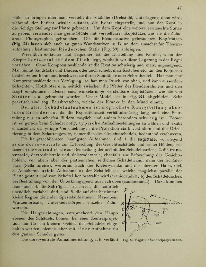 Höhe zu bringen oder man verstellt die Sitzhöhe (Drehstuhl, Unterlagen); dann wird, während der Patient wieder aufsteht, die Röhre eingestellt, und nun der Kopf in die richtige Stellung zur Platte gebracht. Um dem Kopf eine weitere erwünschte Stütze zu geben, verwendet man gerne Stühle mit verstellbarer Kopfstütze, wie sie die Zahn- ärzte, Photographen gebrauchen. Die für Blendenstative gebrauchten Kopfstützen (Fig. 34) lassen sich auch an guten Wandstativen, z. B. an dem zunächst für Thorax- aufnahmen bestimmten Ried ersehen Stativ (Fig. 89) anbringen. Wesentlich einfacher und bequemer ist die Einstellung des Kopfes, wenn der Körper horizontal auf dem Tisch liegt, weshalb wir diese Lagerung in der Regel vorziehen. Ohne Kompressionsblende ist die Fixation schwierig und meist ungenügend. Man nimmt Sandsäcke und Binden, oder auch schiebt man Kistchen etc. an den Kopf von beiden Seiten heran und beschwert sie durch Sandsäcke oder Schrotbeutel. Hat man eine Kompressionsblende zur Verfügung, so hat man Druck von oben, und kann ausserdem Schachteln, Holzklötze u. a. seitlich zwischen die Pfeiler des Blendenrahmens und den Kopf einklemmen. Besser sind winkelarmige verstellbare Kopfstützen, wie sie von Sträter u. a. gebraucht wurden. Unser Modell ist in Fig. 34 abgebildet. Sehr praktisch sind sog. Beissbrettchen, welche der Kranke in den Mund nimmt. Bei allen Schädelaufnahmen ist möglichste Ruhigstellung abso- lutes Erfordernis, da die Expositionszeit verhältnismässig lang und eine Beur- teilung nur an scharfen Bildern möglich und zudem besonders schwierig ist. Ferner ist es gerade beim Schädel nötig, typische Aufnahmestellungen zu wählen und exakt einzustellen, da geringe Verschiebungen die Projektion stark verändern und die Orien- tierung in dem Schattengewirr, namentlich des Gesichtsschädels, bedeutend erschweren. Die hauptsächlichsten, häufigsten Aufnahmen sind 1. die sagittale, vorwiegend a) die dorsoventrale zur Erforschung des Gesichtsschädels und seiner Höhlen, sel- tener b) die ventrodorsale zur Beurteilung der occipitalen Schädelpartien ; 2. die trans- versale, dextrosinistrale und sinistrodextrale, ebenfalls zur Erforschung der Gesichts- höhlen, vor allem aber der plattennahen, seitlichen Schädelwand, dann der Schädel- basis (Sella turcica), weiterhin auch des Kiefergelenks und der obersten Halswirbel. 3. Annähernd axiale Aufnahme a) der Schädelbasis, welche möglichst parallel der Platte gestellt und vom Scheitel her bestrahlt wird (craniocaudal); b) des Schädeldaches, bei Bestrahlung von der Unterkinngegend aus nach oben (caudocranial). Dazu kommen dann noch 4. die Schräg auf n ah m e n , die natürlich unendlich variabel sind, und 5. die auf eine bestimmte kleine Region zielenden Spezialaufnahmen : Nasenbein, Warzenfortsatz, Unterkieferkörper, einzelne Zahn- wurzeln. Die Hauptrichtungen, entsprechend den Haupt- ebenen des Schädels, können bei einer Zentralprojek- tion nur für ein kleines Gebiet des Schädels einge- halten werden, niemals aber mit e i n e r Aufnahme für den ganzen Schädel gelten. Die dorsoventrale Aufnahmerichtung, z. B. verläuft Fig. 62. Sagittale Schädelprojektionen.
