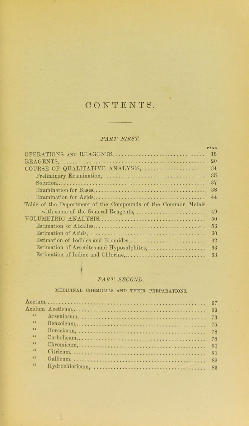 PART FIRST. PAGE OPERATION'S and REAGENTS, 15 REAGENTS, 20 COURSE OF QUALITATIVE ANALYSIS, 34 Preliminary Examination, 35 Solution, 37 Examination for Bases, 38 Examination for Acids, 44 Table of the Deportment of the Compounds of the Common Metals with some of the General Reagents, 49 VOLUMETRIC ANALYSIS, 50 Estimation of Alkalies, . 56 Estimation of Acids, 60 Estimation of Iodides and Bromides, 62 Estimation of Arsenitcs and Hyposulphites, 63 Estimation of Iodine and Chlorine, 63 \ PART SECOND. MEDICINAL CHEMICALS AND TIIEIK PREPARATIONS. Acetum, 67 Acidum Aceticum, 69 “ Arseniosum, 73 “ Benzoicum, 75 “ Boracicum, 78 “ Carbolicum, 78 “ Chromicum, 80 “ Oitricum, 80 Gallicum, 82 “ Ilydrochloricura, 83