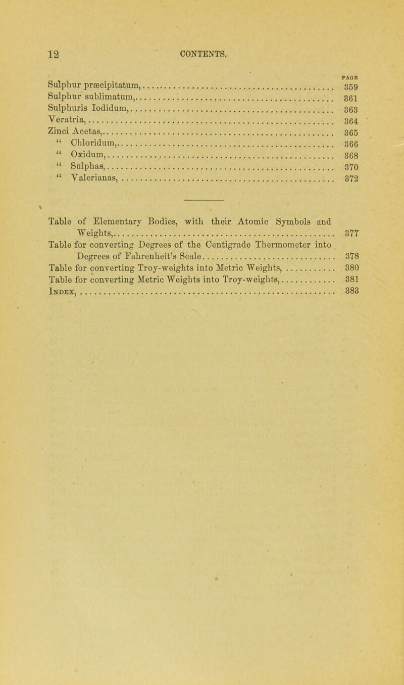 PAGE Sulphur prsecipitatum, 359 Sulphur sublimatum, 361 Sulphuris Iodidura, 363 Yeratria, 364 Zinci Acetas, 365 “ Chloridum, 366 “ Oxiduin, 368 “ Sulphas, 370 “ Yalerianas, 372 Table of Elementary Bodies, with their Atomic Symbols and Weights, 377 Table for converting Degrees of the Centigrade Thermometer into Degrees of Fahrenheit’s Scale 378 Table for converting Troy-weights into Metric Weights, 380 Table for converting Metric Weights into Troy-weiglits, 381 Index, 383