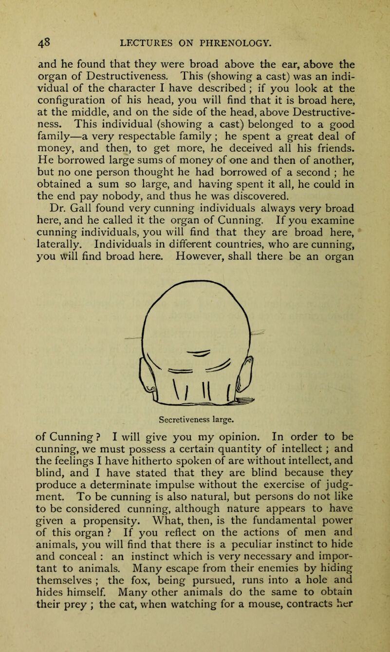 and he found that they were broad above the ear, above the organ of Destructiveness. This (showing a cast) was an indi- vidual of the character I have described ; if you look at the configuration of his head, you will find that it is broad here, at the middle, and on the side of the head, above Destructive- ness. This individual (showing a cast) belonged to a good family—a very respectable family; he spent a great deal of money, and then, to get more, he deceived all his friends. He borrowed large sums of money of one and then of another, but no one person thought he had borrowed of a second ; he obtained a sum so large, and having spent it all, he could in the end pay nobody, and thus he was discovered. Dr. Gall found very cunning individuals always very broad here, and he called it the organ of Cunning. If you examine cunning individuals, you will find that they are broad here, laterally. Individuals in different countries, who are cunning, you will find broad here. However, shall there be an organ Secretiveness large. of Cunning ? I will give you my opinion. In order to be cunning, we must possess a certain quantity of intellect; and the feelings I have hitherto spoken of are without intellect, and blind, and I have stated that they are blind because they produce a determinate impulse without the exercise of judg- ment. To be cunning is also natural, but persons do not like to be considered cunning, although nature appears to have given a propensity. What, then, is the fundamental power of this organ ? If you reflect on the actions of men and animals, you will find that there is a peculiar instinct to hide and conceal : an instinct which is very necessary and impor- tant to animals. Many escape from their enemies by hiding themselves ; the fox, being pursued, runs into a hole and hides himself. Many other animals do the same to obtain their prey ; the cat, when watching for a mouse, contracts her