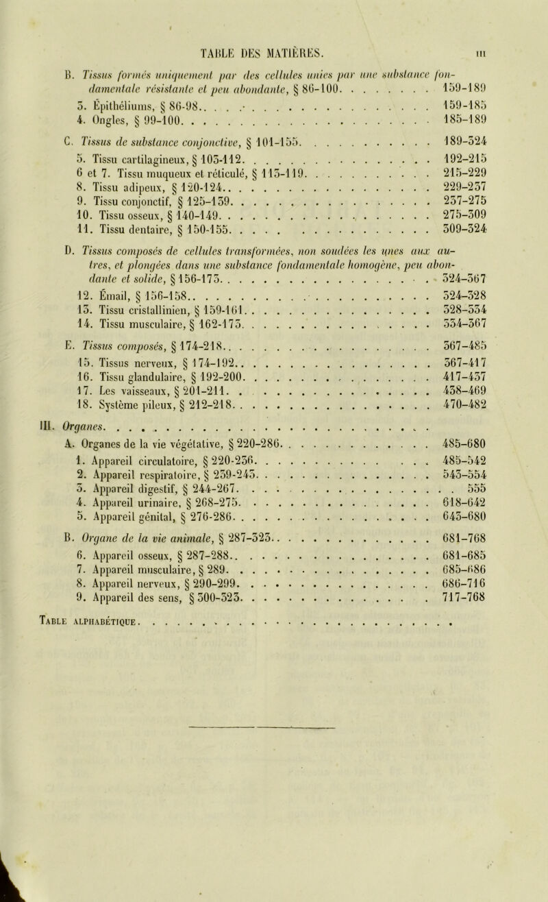 B. Tissus fonnes uniquement par des cellules unies pur uue substance fon- damentale resistaute et peu abundante, § 86-100 159-189 5. Epitheliums, § 86-98 • 159-185 4. Ongles, § 99-100 185-189 C. Tissus de substance conjonctive, § 101-155 189-524 5. Tissu cartilagineux, § 105-112. 192-215 6 et 7. Tissu muqueux et reticule, § 115-119 215-229 8. Tissu adipeux, § 120-124 229-257 9. Tissu conjonctif, § 125-159 257-275 10. Tissu osseux, § 140-149 275-509 11. Tissu dentaire, § 150-155 509-524 D. Tissus composes de cellules transformees, non soudees les unes aux au- tres, et plongees dans wie substance fundamentale homogene, peu abon- dante et solide, §156-175 • . 524-567 12. Email, § 156-158 524-528 15. Tissu cristallinien, § 159-161 528-554 14. Tissu musculaire, § 162-175 554-567 E. Tissus composes, § 174-218 567-485 15. Tissus nerveux, § 174-192 567-417 16. Tissu glandulairc, § 192-200 417-457 17. Les vaisseaux, § 201-211. . 458-469 18. Systeme pileux, § 212-218 470-482 111. Organes . A. Organes de la vie vegetative, § 220-286 485-680 1. Appareil circulatoire, § 220-256 485-542 2. Appareil respiratoire, § 259-245 545-554 5. Appareil digestif, § 244-267. 555 4. Appareil urinaire, § 268-275 618-642 5. Appareil genital, § 276-286 645-680 B. Organe de la vie animale, § 287-525 681-768 6. Appareil osseux, § 287-288 681-685 7. Appareil musculaire, § 289 685-686 8. Appareil nerveux, § 290-299 686-716 9. Appareil des sens, §500-525 717-768 Table alpiiabetique