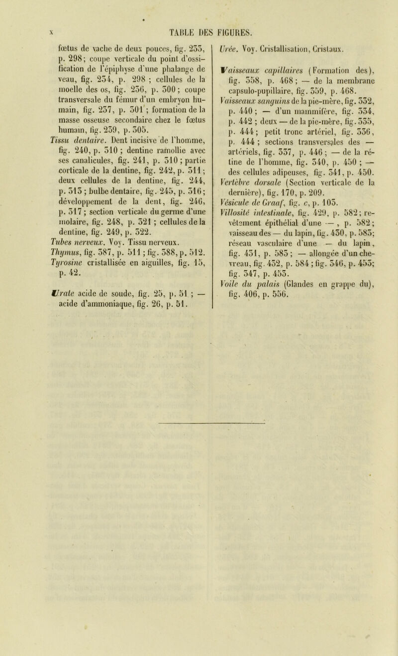 foetus de vaclie de deux pouces, fig. 255, p. 298; eoupe verticale du poinl d’ossi- fication de l’epiphyse d une phalange de veau, fig. 254, p. 298 ; ccllules de la moelle des os, fig. 250, p. 500; eoupe transversale du femur d’un embryon hu- main, fig. 257, p. 501 ; formation de la masse osseuse secondaire chez le foetus humam, lig. 259, p. 505. Tissn dentaire. Dent incisive de l’homme, fig. 240, p. 510 ; dentinc ramollie avec ses canalicules, fig. 241, p. 510 ; partie corticale de la dentine, fig. 242, p. 511; deux cellules de la dentine, fig. 244, p. 515 ; bulbe dentaire, fig. 245, p. 510; developpement de la dent, fig. 240, p. 517 ; section verticale dugerme d’une molaire, fig. 248, p. 521 ; cellules de la dentine, fig. 249, p. 522. Tubes nerveux. Voy. Tissu nerveux. Thymus, fig. 587, p. 511; fig. 588, p. 512. Tyrosine cristallisee en aiguilles, fig. 15, p. 42. tJrate acide de soude, fig. 25, p. 51 ; — acide d’ammoniaque, fig. 20, p. 51. Uree. Voy. Cristallisation, Crislaux. W'aisseaux capillaires (Formation des), fig. 558, p. 408; — de la membrane capsulo-pupillaire, fig. 559, p. 408. Vaisseaux sanguins de la pie-mere, fig. 552, p. 440 ; — d’un marnmifere, fig. 554, p. 442 ; deux — de la pie-mere, fig. 555, p. 444; petit tronc arteriel, fig. 550, p. 444 ; sectioris transversales des — artorieis, fig. 557, p. 440 ; — de la re- tine de l’homme, fig. 540, p. 450 ; — des cellules adipeuses, fig. 541, p. 450. Vertebre dorsale (Section verticale de la derniere), fig. 170, p. 209. Vesicule deGraaf, fig. c, p. 105. Villosite intestinale, fig. 429, p. 582 ;re- vetsment epithelial d’une — , p. 582; vaisseaudes — du lapin, fig. 450, p. 585; reseau vasculaire d’une — du lapin, fig. 451, p. 585; — allongee d’un che- vreau, fig. 452, p. 584 ; fig. 540, p. 455; fig. 547, p. 455. Voile du palais (Glandes en grappe du), fig, 400, p. 550.