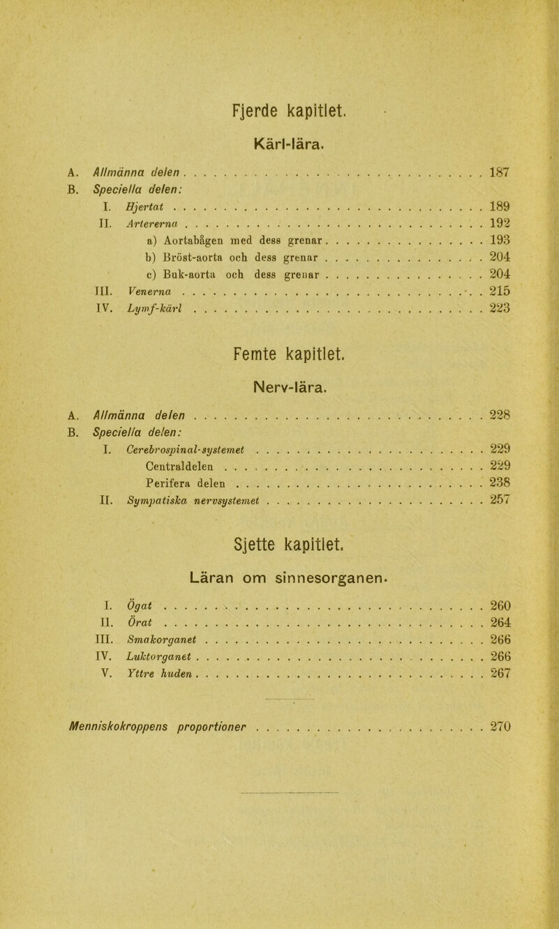 Fjerde kapitlet. Kärl-lära. A, Allmänna delen 187 B. Speciella delen: I. Hjertat 189 II. Artererna 192 a) Aortabågen med dess grenar 193 b) Bröst-aorta och dess grenar 204 ' c) Buk-aorta och dess grenar 204 III. Venerna •. . 215 IV. Lymf-kärl 223 Femte kapitlet. Nerv-lära. A. Allmänna delen 228 B. Speciella delen: I, Cerebrospinal-systemet 229 Centraldelen 229 Perifera delen 238 IL Sympatiska nervsystemet 257 Sjette kapitlet. Läran om sinnesorganen. I. ögat 260 IL Örat 264 III. Smakorganet 266 IV. Luktorganet 266 V. Yttre huden 267 Menniskokroppens proportioner 270