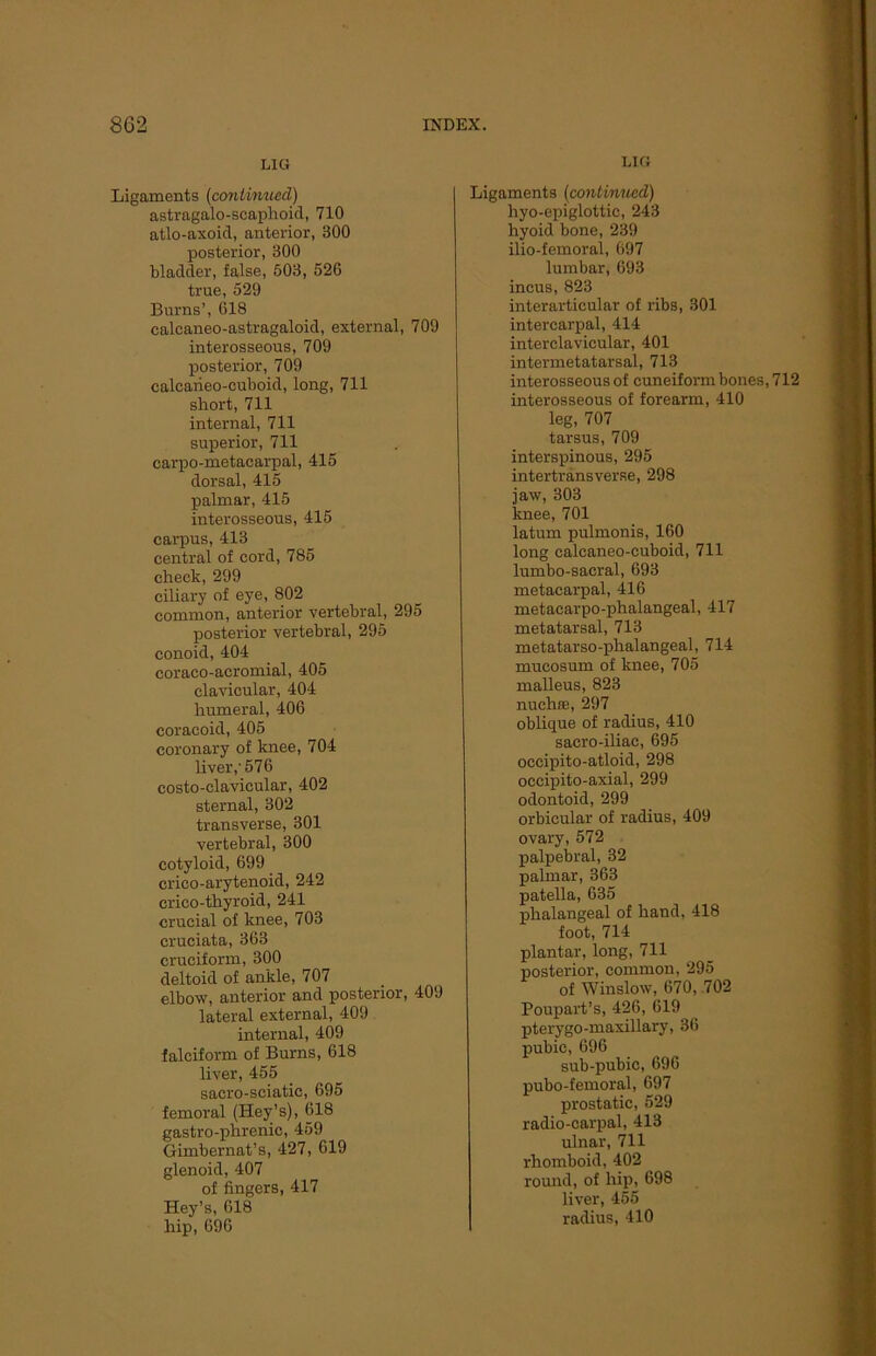 LIG Ligaments (continued) astragalo-scaphoid, 710 atlo-axoid, anterior, 300 posterior, 300 bladder, false, 503, 526 true, 529 Burns’, 618 calcaneo-astragaloid, external, 709 interosseous, 709 posterior, 709 calcarieo-cuboid, long, 711 short, 711 internal, 711 superior, 711 carpo-metacarpal, 415 dorsal, 415 palmar, 415 interosseous, 415 carpus, 413 central of cord, 785 check, 299 ciliary of eye, 802 common, anterior vertebral, 295 posterior vertebral, 295 conoid, 404 coraco-acromial, 405 clavicular, 404 humeral, 406 coracoid, 405 coronary of knee, 704 liver,'576 costo-clavicular, 402 sternal, 302 transverse, 301 vertebral, 300 cotyloid, 699 crieo-arytenoid, 242 crico-thyroid, 241 crucial of knee, 703 cruciata, 363 cruciform, 300 deltoid of ankle, 707 elbow, anterior and posterior, 409 lateral external, 409 internal, 409 falciform of Burns, 618 liver, 455 sacro-sciatic, 695 femoral (Hey’s), 618 gastro-phrenic, 459 Gimbernat’s, 427, 619 glenoid, 407 of fingers, 417 Hey’s, 618 hip, 696 LIG Ligaments (continued) hyo-epiglottic, 243 hyoid bone, 239 ilio-femoral, 697 lumbar, 693 incus, 823 interarticular of ribs, 301 intercarpal, 414 interclavicular, 401 intermetatarsal, 713 interosseous of cuneiform bones, 712 interosseous of forearm, 410 leg, 707 tarsus, 709 interspinous, 295 intertransverse, 298 jaw, 303 knee, 701 latum pulmonis, 160 long calcaneo-euboid, 711 lumbo-saeral, 693 metacarpal, 416 metacarpo-phalangeal, 417 metatarsal, 713 metatarso-phalangeal, 714 mucosum of knee, 705 malleus, 823 nuchfe, 297 oblique of radius, 410 sacro-iliae, 695 oecipito-atloid, 298 occipito-axial, 299 odontoid, 299 orbicular of radius, 409 ovary, 572 palpebral, 32 palmar, 363 patella, 635 phalangeal of hand, 418 foot, 714 plantar, long, 711 posterior, common, 295 of Winslow, 670, 702 Poupart’s, 426, 619 pterygo-maxillary, 36 pubic, 696 sub-pubic, 696 pubo-femoral, 697 prostatic, 529 radio-carpal, 413 ulnar, 711 rhomboid, 402 round, of hip, 698 liver, 455 radius, 410