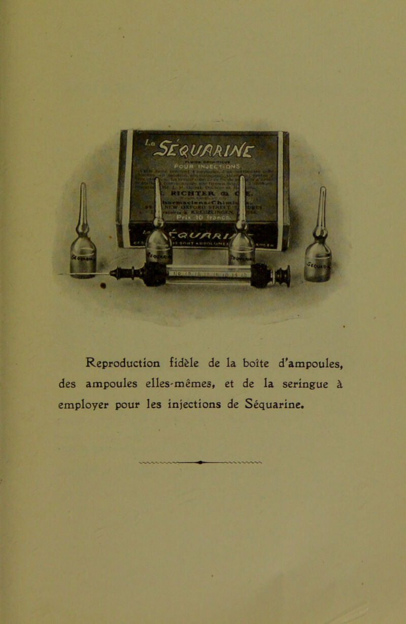 Reproduction fidèle de la boîte d'ampoules, des ampoules elles-mêmes, et de la seringue à employer pour les injections de Séquarine.