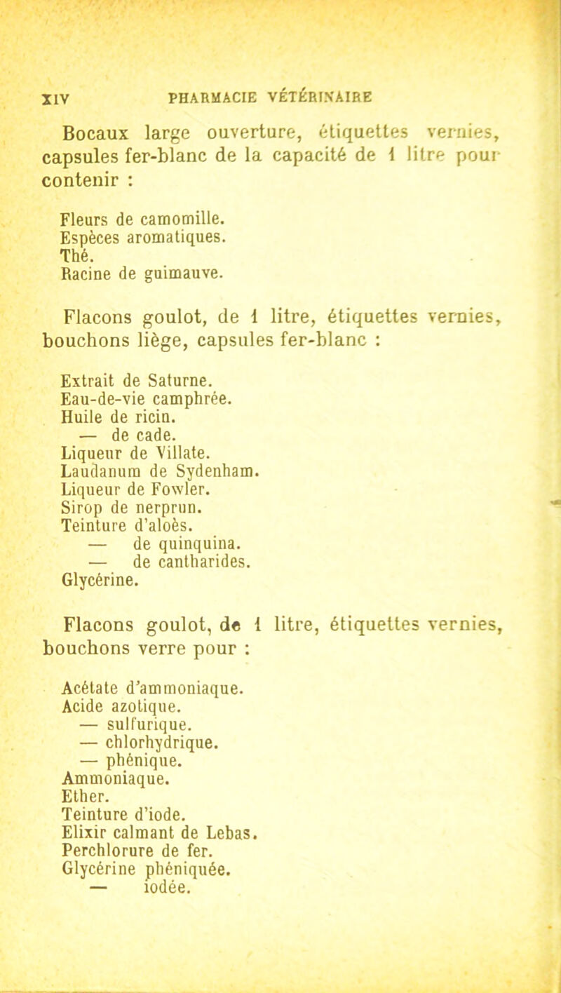 Bocaux large ouverture, étiquettes vernies, capsules fer-blanc de la capacité de 1 litre pour contenir : Fleurs de camomille. Espèces aromatiques. Thé. Racine de guimauve. Flacons goulot, de 1 litre, étiquettes vernies, bouchons liège, capsules fer-blanc : Extrait de Saturne. Eau-de-vie camphrée. Huile de ricin. — de cade. Liqueur de Villate. Laudanum de Sydenham. Liqueur de Fowler. Sirop de nerprun. Teinture d’aloès. — de quinquina. — de cantharides. Glycérine. Flacons goulot, de 1 litre, étiquettes vernies, bouchons verre pour : Acétate d'ammoniaque. Acide azotique. — sulfurique. — chlorhydrique. — phénique. Ammoniaque. Ether. Teinture d’iode. Elixir calmant de Lebas. Perchlorure de fer. Glycérine phéniquée. — iodée.