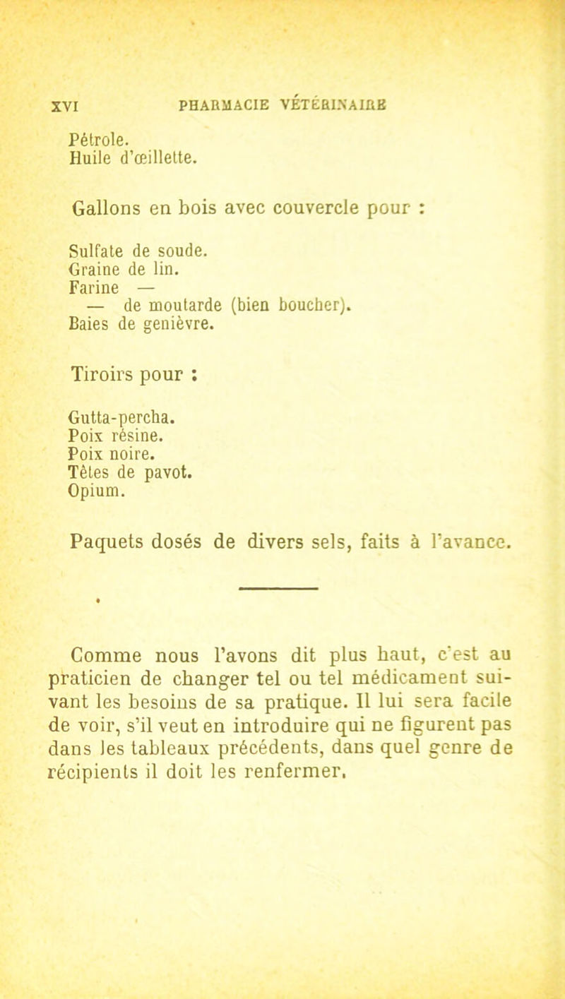 Pétrole. Huile d’œillette. Gallons en bois avec couvercle pour : Sulfate de soude. Graine de lin. Farine — — de moutarde (bien boucher). Baies de genièvre. Tiroirs pour : Gutta-percha. Poix résine. Poix noire. Tètes de pavot. Opium. Paquets dosés de divers sels, faits à l’avance. Comme nous l’avons dit plus haut, c’est au praticien de changer tel ou tel médicament sui- vant les besoins de sa pratique. Il lui sera facile de voir, s’il veut en introduire qui ne figurent pas dans Jes tableaux précédents, dans quel genre de récipients il doit les renfermer.