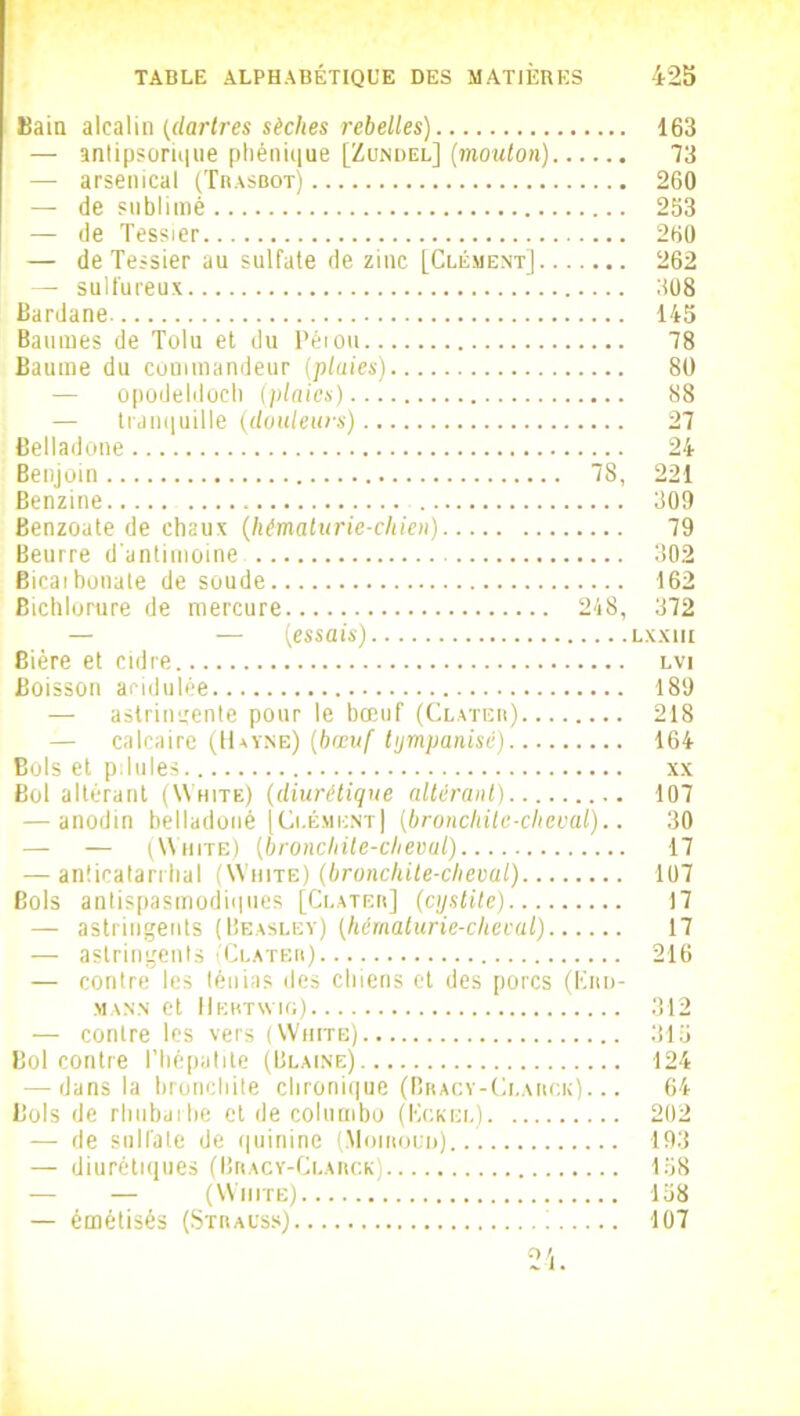 Bain alcalin (dartres sèches rebelles) 163 — anlipsorique phénique [Zundel] (mouton) 73 — arsenical (Trasbot) 260 — de sublimé 253 — de Tessier 260 — de Tessier au sulfate de zinc [Clément] 262 — sulfureux 308 Bardane 145 Baumes de Tolu et du Péiou 78 Baume du commandeur {plaies) 80 — opodeldoclt (plaies) 88 — tranquille (douleurs) 27 Belladone 24 Benjoin 78, 221 Benzine 309 Benzoate de chaux (hématurie-chien) 79 Beurre d'antimoine 302 Bicaibonale de soude 162 Bichlorure de mercure 248, 372 — — (essais) lxxhi Bière et cidre lvi Boisson acidulée 189 — astringente pour le bœuf (Clater) 218 — calcaire (IUyne) (bœuf tympanisé) 164 Bols et pilules xx Bol altérant (Write) (diurétique altérant) 107 — anodin belladoné [Clément) (bronchite-cheval).. 30 — — (White) (bronchite-cheval) 17 — anticatarrhal (Write) (broncliite-clieval) 107 Bols antispasmodiques [Clater] (cystite) 17 — astringents (Beasley) (hématurie-cheval) 17 — astringents (Clater) 216 — contre les ténias des chiens et des porcs (Krd- masn et Hehtwig) 312 — contre les vers (Write) 315 Bol contre l’hépatite (Blaine) 124 — dans la bronchite chronique (Bracy-Clarck). .. 64 Bols de rhubarbe et de columbo (Kckel) 202 — de sulfate de quinine (Moirouu) 193 — diurétiques (Bracy-Clarck) 158 — (Write) 158 — émétisés (Strauss) 107