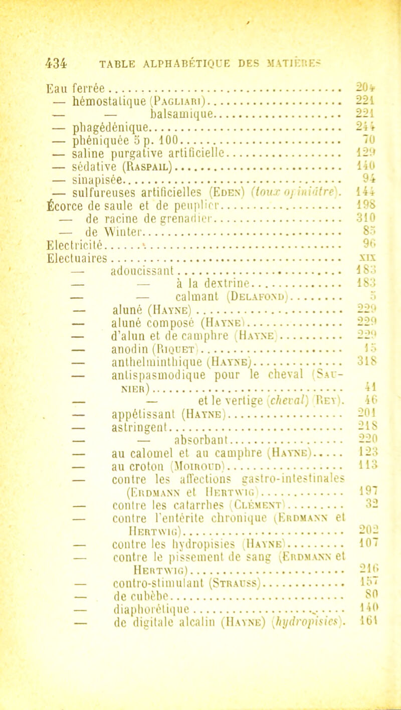 Eau ferrée — hémostatique (Pagliari) — — balsamique — phagédénique — phéniquèe S p. 100 — saline purgative artificielle — sédative (Raspail) — sinapisée — sulfureuses artificielles (Edes) (loux oj ini'itrë. Écorce de saule et de peuplier — de racine de grenadier — de Win ter Electricité *. Electuaires — adoucissant — — à la destrine. — — calmant (Delafond) — aluné (Hayne) — aluné composé (Hayne) — d’alun et de camphre (Hayne — anodin (Piiquet; — anthelminthique (Hayne) — antispasmodique pour le cheval (Sau- nier) — — et le vertige (cheval) Rey). — appétissant (Hayne) — astringent — — absorbant — au calomel et au camphre (Hayne) — au croton (Moiroud) — contre les affections gastro-intestinales (Erdmann et IIertwig) — contre les catarrhes (Clément' — contre l’entérite chronique (Erdmann et Hertwtg) — contre les hydropisies (Hayne) -— contre le pissement de sang (Erdmann et Hertwig) — contro-stimulant (Strauss) — de cubèbe — diaphonique — de digitale alcalin (Hayne) (hydropisies). 20 * 221 221 244 70 120 140 94 144 198 310 83 90 sis 18:: 183 22o 229 229 15 318 41 46 201 215 220 123 113 197 32 202 107 216 157 S0 140 161