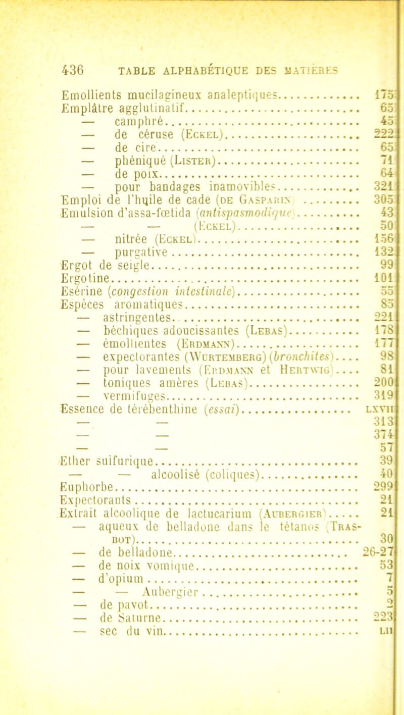 Emollients mucilaeineux analeptiques 173 Emplâtre agglutinatif 65 — camphré 45 — de céruse (Eckel) 222 — de cire 65 — phéniqué (Lister) 71 — de poix 64 — pour bandages inamovibles 321 Emploi de l’huile de cade (de Gasparin 305 Emulsion d’assa-fœtida (antispasmodique 43 — (Eckel) 50 — nitrée (Eckel) 156 — purgative 132 Ergot de seigle 99 Ergotine 101 Esérine (congestion intestinale) 55 Espèces aromatiques 85 — astringentes.- 221 — béchiques adoucissantes (Lebas) 178 — émollientes (Erdmann) 177 — expectorantes (Wcrtemberg)(bronchites) 98 — pour lavements (Erdmann et Hertwig) 81 — toniques amères (Lebas) 200 — vermifuges 319 Essence de térébenthine (essai) lxvii — — 313 — — 374 — — 57 Ether sulfurique 39 — — alcoolisé (coliques) 40 Euphorbe 299 Expectorants 21 Extrait alcoolique de lactucarium (Aubergier' 21 — aqueux de belladone dans le tétanos (Tras- bot) 30 — de belladone 26-27 — de noix vomique 53 — d’opium 7 — — Aubergier 5 — de pavot 2 — de Saturne 223 — sec du vin lu