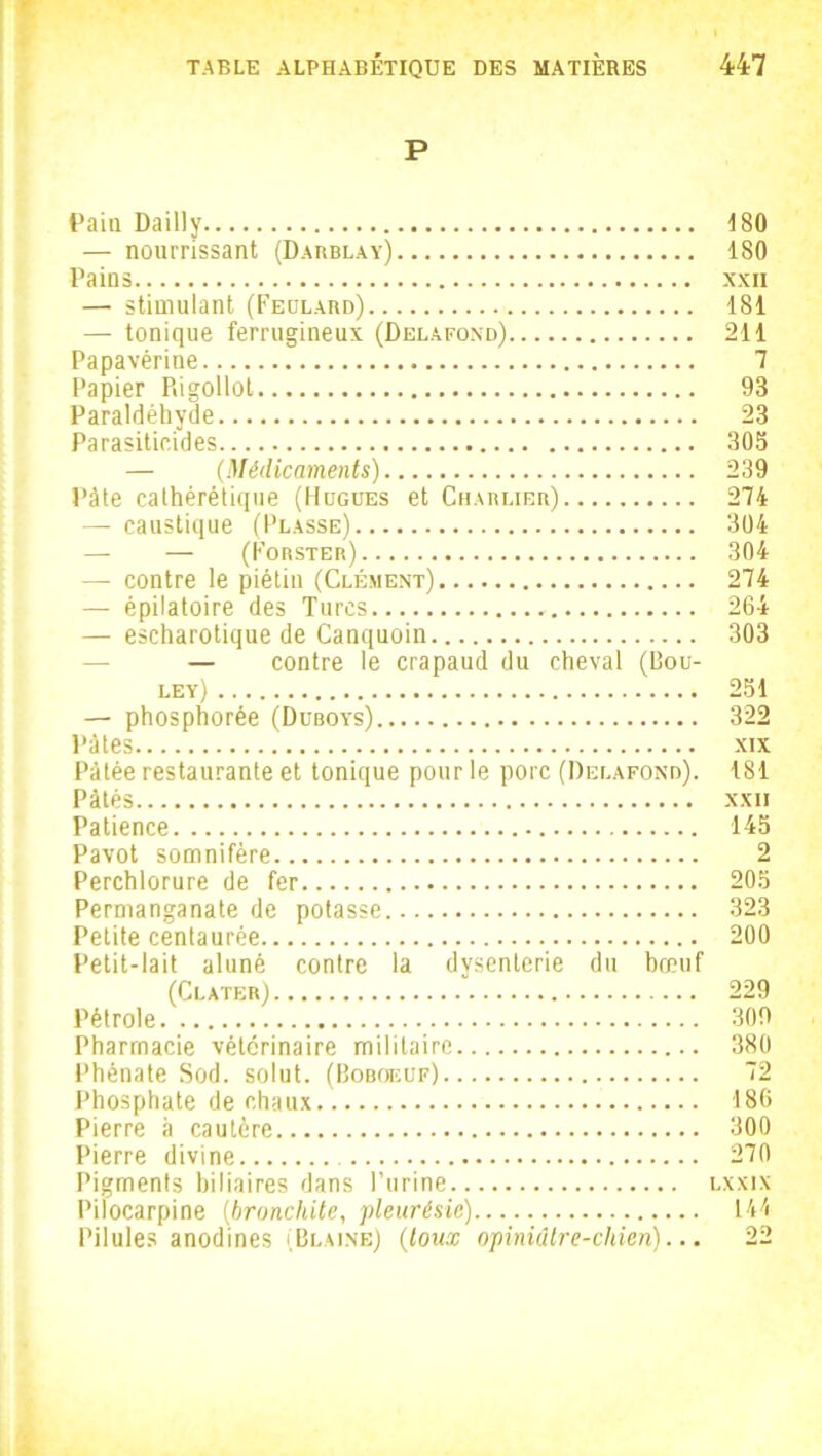 P Pain Dailly 180 — nourrissant (Darblay) 180 Pains xxii — stimulant (Feolard) 181 — tonique ferrugineux (Delafond) 211 Papavérine 7 Papier Rigollot 93 Paraldéhyde 23 Parasiticides 303 — (Médicaments) 239 Pâte cathèrétique (Hugues et Charlier) 274 — caustique (Plasse) 304 — — (Forster) 304 — contre le piétin (Clément) 274 — épilatoire des Turcs 264 — escharotique de Canquoin 303 — contre le crapaud du cheval (Bou- ley) 251 — phosphorée (Duboys) 322 Pâtes xix Pâtée restaurante et tonique pour le porc (Delafond). 181 Pâtés xxii Patience 145 Pavot somnifère 2 Perchlorure de fer 205 Permanganate de potasse 323 Petite centaurée 200 Petit-lait aluné contre la dysenterie du bœuf (Clater) 229 Pétrole 309 Pharmacie vétérinaire militaire 380 Phénate Sod. solut. (Boboeuf) 72 Phosphate de chaux 186 Pierre à cautère 300 Pierre divine 270 Pigments biliaires dans l’urine lxxix Pilocarpine (bronchite, pleurésie) 144 Pilules anodines (Blai.ne) (toux opiniâtre-chien)... 22