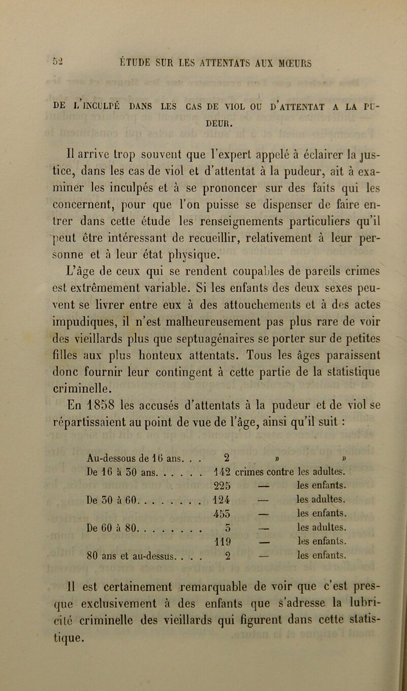 DE l/lKCULrÉ DANS LES CAS DE VIOL OU d’aTTENTAT A LA PU- DEUR. Il arrive trop souvent que l’expert appelé à éclairer la jus- tice, dans les cas de viol et d’attentat à la pudeur, ait à exa- miner les inculpés et à se prononcer sur des faits qui les concernent, pour que l’on puisse se dispenser de faire en- trer dans cette étude les renseignements particuliers qu’il peut être intéressant de recueillir, relativement à leur per- sonne et à leur état physique. L’âge de ceux qui se rendent coupables de pareils crimes est extrêmement variable. Si les enfants des deux sexes peu- vent se livrer entre eux à des attouchements et à des actes impudiques, il n’est malheureusement pas plus rare de voir des vieillards plus que septuagénaires se porter sur de petites filles aux plus honteux attentats. Tous les âges paraissent donc fournir leur contingent à cette partie de la statistique criminelle. En 1858 les accusés d’attentats à la pudeur et de viol se répartissaient au point de vue de Tâge, ainsi qu’il suit : Au-dessous de 16 ans. . . De 16 a 50 ans De 30 à 60 De 60 à 80 80 ans et au-dessüs. . . . » » crimes contre les adultes. — les enfants. — les adultes. — les enfants. — les adultes. — les enfants. — les enfants. 2 142 225 124 455 5 119 2 11 est certainement remarquable de voir que c’est pres- que exclusivement à des enfants que s’adresse la lubri- cité criminelle des vieillards qui figurent dans cette statis- tique.