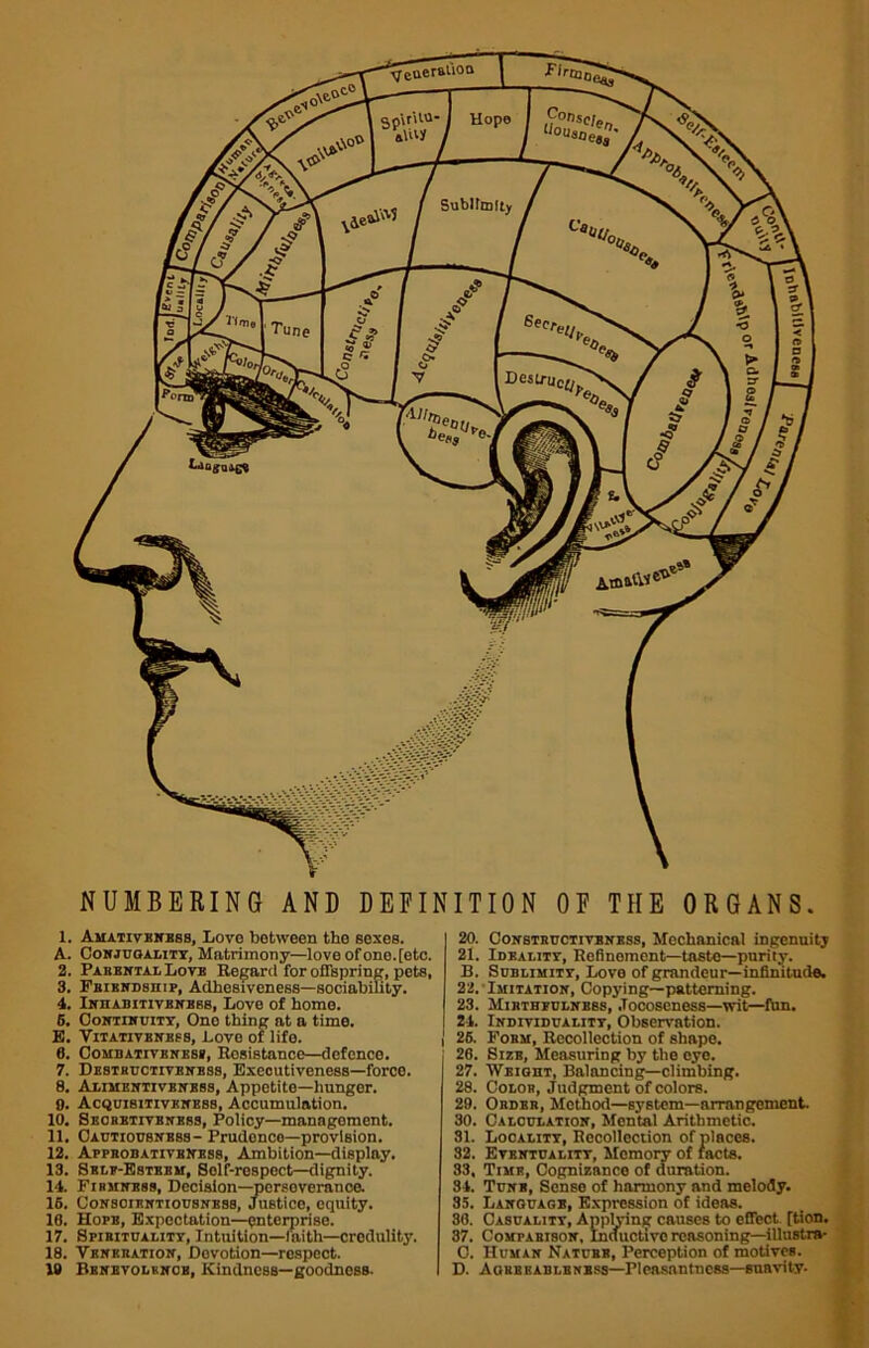■^■e^erall0° Sublimity Destru, f *0*01** NUMBERING AND DEFINITION OF THE ORGANS. 1. Amativeness, Love between the sexes. A. Conjugality, Matrimony—love of one. [etc. 2. Parental Love Regard for offspring, pets, 3. Friendship, Adhesiveness—sociability. 4. Inhabitivenbss, Love of homo. 5. Continuity, Ono thing at a time. E. ViTATivENKPS, Love of life. 8. Combativeness, Resistance—defence. 7. Destructiveness, Executiveness—forco. 8. Alimentivbnbss, Appetite—hunger. 9. Acquisitiveness, Accumulation. 10. Sechetiveness, Policy—management. 11. Cautiousnbbs- Prudonco—provision. 12. Afpbobativbness, Ambition—display. 13. Sble-Estbbm, Solf-rospoct—dignity. 14. Firmness, Decision—perseverance. 16. Conscientiousness, Justice, equity. 10. Hope, Expectation—enterprise. 17. Spirituality, Intuition—laith—credulity. 18. Vbnbeation, Dovotion—respect. 19 Benevolence, Kindness—goodness. 20. Constbuctivbness, Mechanical ingenuitj 21. Ideality, Refinement—taste—purity. B. Sublimity, Love of grandeur—infinitude. 22. Imitation, Copying—patterning. 23. Mirthpulnbss, .Tocoseness—wit—fun. 24. Individuality, Observation. 26. Fobm, Recollection of shape. 26. Size, Measuring by the eye. 27. Weight, Balancing—climbing. 28. Color, Judgment of colors. 29. Ordbr, Method—system—arrangement. 30. Calculation, Mental Arithmetic. 31. Locality, Recollection of places. 32. Eventuality, Memory of facts. 33. Time, Cognizance of duration. 34. Tune, Scnso of harmony and melody. 35. Language, Expression of ideas. 30. Casuality, Applying causes to effect [tion. 37. Comparison, Inductive reasoning—illustra- C. Human Natubr, Perception of motives. D. Aobbkablbness—Pleasantness—suavity.