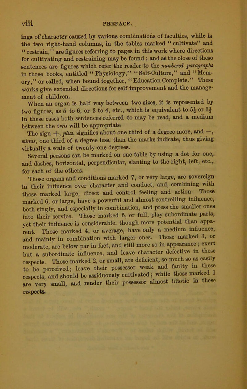 lugs of character caused by various combinations of faculties, while in the two right-hand columns, in the tables marked “cultivate” and • ‘ restrain, ’ ’ are figures referring to pages in this work where directions for cultivating and restraining may be found ; and ai the close of these sentences are figures which refer the reader to the numbered paragraph* in three books, entitled “Physiology,” “Self-Culture,” and “Mem- ory,” or called, when bound together, “ Education Complete.” These works give extended directions for self improvement and the manage- ment of children. When an organ is half way between two sizes, it is represented by two figures, as 5 to 6, or 3 to 4, etc., which is equivalent to or 3£ In these cases both sentences referred to may be read, and a medium between the two will be appropriate The sign +, plus, signifies about one third of a degree more, and —, minus, one third of a degree less, than the marks indicate, thus giving virtually a scale of twenty-one degrees. Several persons can be marked on one table by using a dot for one, and dashes, horizontal, perpendicular, slanting to the right, left, etc., for each of the others. Those organs and conditions marked 7, or very large, are sovereign in their influence over character, and conduct, and, combining with those marked large, direct and control feeling and action. Those marked 6, or large, have a powerful and almost controlling influence, both singly, and especially in combination, and press the smaller ones into their service. Those marked 6, or full, play subordinate parts, yet their influence is considerable, though more potential than appa- rent. Those marked 4, or average, have only a medium influence, and mainly in combination with larger ones. Those marked 3, or moderate, are below par in fact, and still more so in appearance ; exert but a subordinate influence, and leave character defective in these respects. Those marked 2, or small, are deficient, so much so as easily to be perceived; leave their possessor weak and faulty in these respects, and should be assiduously cultivated; while those marked 1 are very small, and render their possessor almost idiotic in those respects.