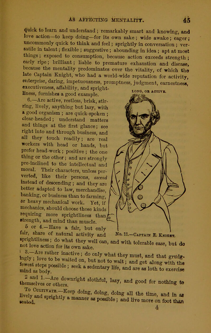 LONG, OB ACTIVE. (Juick to learn and understand ; remarkably smart and knowing, and love action—to keep doing—for its own sake ; wide awake ; eager; Uncommonly quick to think and feel; sprightly in conversation ; ver- satile in talent; flexible ; suggestive ; abounding in idea ; apt at most things; exposed to consumption, because action exceeds strength ; early ripe; brilliant; liable to premature exhaustion and disease, because the mentality predominates over the vitality, of which the late Captain Knight, who had a world-wide reputation for activity, enterprise, daring, impetuousness, promptness, judgment, earnestness! executiveness, affability, and spright- liness, furnishes a good example. 6*—Are active, restless, brisk, stir- ring, lively, anything but lazy, with a good organism ; are quick-spoken ; clear-headed; understand matters and things at the first glance; see right into and through business, and all they touch readily; are real workers with head or hands, but prefer head-work ; positive ; the one thing or the other; and are strongly pre-inclined to the intellectual and moral. Their characters, unless per- verted, like their persons, ascend instead of descending ; and they are better adapted to law, merchandise, banking, or business than to farming, or heavy mechanical work. Yet, if mechanics, should choose those kinds requiring more sprightliness than/ strength, and mind than muscle. 6 or 4.-Have a fair, but only fair, share of natural activity and 1| noUovp 1 dr° W-?at th6y Wdl and with tolerable ease, but do not love action for its own sake. ’ Lirafhar inactive i d0 onl7 what they must, and that gnldg. Jngly ; love to be waited on, but not to wait; and get along with the min?MSdyP068lble! & Bedenta17 life’ and are as loth *> exercise thLTe^s^r^ kZy- and g00d for lively anTsori^it]KCPP d°lng’ dolnffi doing all the titne, and in as ■eato4l 1 g y a manner 118 Possible; and live more on foot than 4 No. 11.—Captain E. Knight.