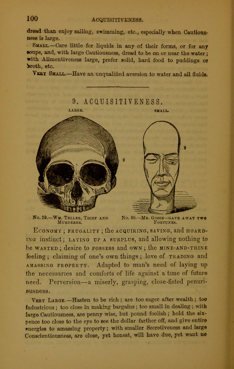 dread than enjoy sailing, swimming, etc., especially when Cautious- ness is large. . Small.—Care little for liquids in any of their forms, or for any soups, and, with largo Cautiousness, dread to be on or near the water ; with Alimentiveness large, prefer solid, hard food to puddings or broth, etc. Vn&Y Small.—Have an unqualified aversion to water and all fluids. 9. ACQUISITIVENESS. LAEQE. SMALL. No. 59.—Wm. Teller, Thief and No. 60.—Mb. Gosse—gave away two Mubdereb. Fortunes. Economy ; frugality ; the acquiring, saving, and hoard- ing instinct; laying up a surplus, and allowing nothing to be wasted ; desire to possess and own ; the mine-and-thine feeling; claiming of one’s own things ; love of trading and amassing property. Adapted to man’s need of laying up the necessaries and comforts of life against a tune of future need. Perversion—a miserly, grasping, close-fisted penuri- ousness. Very Large.—Hasten to be rich ; are too eager after wealth ; too Industrious; too close in making bargains ; too small in dealing; with largo Cautiousness, are penny wise, but pound foolish ; hold the six- pence too close to the eye to see the dollar farther off, and give entire energies to amassing property; with smaller Secretiveness and large Conscientiousness, are close, yet honest, will have due, yet want no