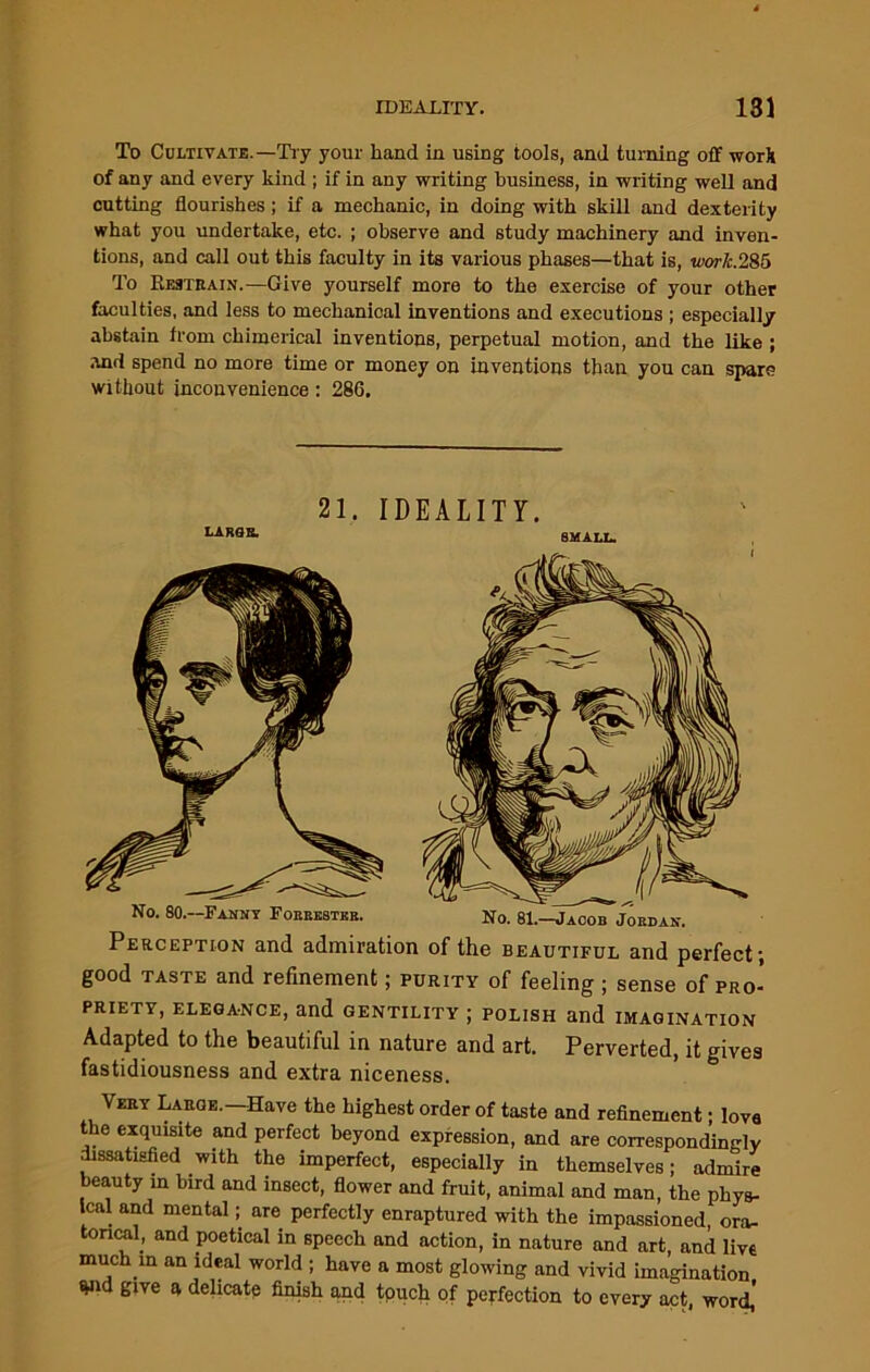 To Cultivate.— Try your hand in using tools, and turning off work of any and every kind ; if in any writing business, in writing well and cutting flourishes ; if a mechanic, in doing with skill and dexterity what you undertake, etc. ; observe and study machinery and inven- tions, and call out this faculty in its various phases—that is, work.285 To Restrain.—Give yourself more to the exercise of your other faculties, and less to mechanical inventions and executions ; especially abstain from chimerical inventions, perpetual motion, and the like j and spend no more time or money on inventions than you can spare without inconvenience: 286. 21. IDEALITY. LARGE. small. Perception and admiration of the beautiful and perfect; good taste and refinement; purity of feeling ; sense of pro- priety, elega-nce, and gentility ; polish and imagination Adapted to the beautiful in nature and art. Perverted, it gives fastidiousness and extra niceness. Very Large.—Have the highest order of taste and refinement; lova the exquisite and perfect beyond expression, and are correspondin-dv dissatisfied with the imperfect, especially in themselves; admire beauty in bird and insect, flower and fruit, animal and man, the phys- ical and mental; are perfectly enraptured with the impassioned, ora- torical, and poetical in speech and action, in nature and art, and live much in an ideal world ; have a most glowing and vivid imagination %nd give a delicate finish and touch of perfection to every act, word,'