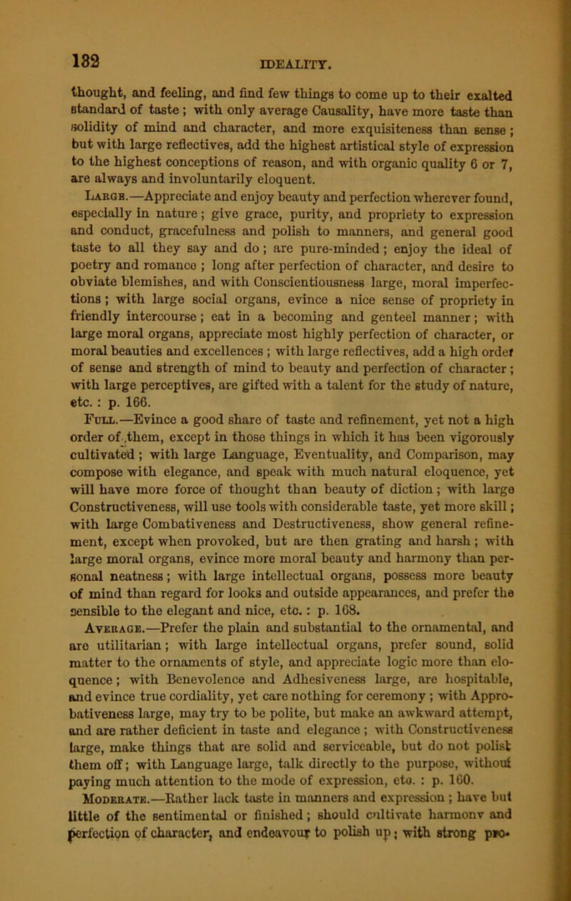 thought, and feeling, and find few things to come up to their exalted standard of taste ; with only average Causality, have more taste than /solidity of mind and character, and more exquisiteness than sense ; but with large refiectives, add the highest artistical style of expression to the highest conceptions of reason, and with organic quality 6 or 7, are always and involuntarily eloquent. Large.—Appreciate and enjoy beauty and perfection wherever found, especially in nature; give grace, purity, and propriety to expression and conduct, gracefulness and polish to manners, and general good taste to all they say and do; are pure-minded; enjoy the ideal of poetry and romance ; long after perfection of character, and desire to obviate blemishes, and with Conscientiousness large, moral imperfec- tions ; with large social organs, evince a nice sense of propriety in friendly intercourse; eat in a becoming and genteel manner; with large moral organs, appreciate most highly perfection of character, or moral beauties and excellences ; with large refiectives, add a high order of sense and strength of mind to beauty and perfection of character ; with large perceptives, are gifted with a talent for the study of nature, etc.: p. 166. Full.—Evince a good share of taste and refinement, yet not a high order of .them, except in those things in which it has been vigorously cultivated ; with large Language, Eventuality, and Comparison, may compose with elegance, and speak with much natural eloquence, yet will have more force of thought than beauty of diction; with large Constructiveness, will use tools with considerable taste, yet more skill; with large Combativeness and Destructiveness, show general refine- ment, except when provoked, but are then grating and harsh ; with large moral organs, evince more moral beauty and harmony than per- sonal neatness; with large intellectual organs, possess more beauty of mind than regard for looks and outside appearances, and prefer the sensible to the elegant and nice, etc.: p. 168. Average.—Prefer the plain and substantial to the ornamental, and are utilitarian; with large intellectual organs, prefer sound, solid matter to the ornaments of style, and appreciate logic more than elo- quence ; with Benevolence and Adhesiveness large, are hospitable, and evince true cordiality, yet care nothing for ceremony ; with Appro- bativencss large, may try to be polite, but make an awkward attempt, and are rather deficient in taste and elegance ; with Constructiveness large, make things that are solid and serviceable, but do not polisfc them off; with Language large, talk directly to the purpose, without paying much attention to the mode of expression, eto. : p. 160. Moderate.—Bather lack taste in manners and expression ; have but little of the sentimental or finished; should cultivate harmonv and perfection of character, and endeavour to polish up • with strong pro*