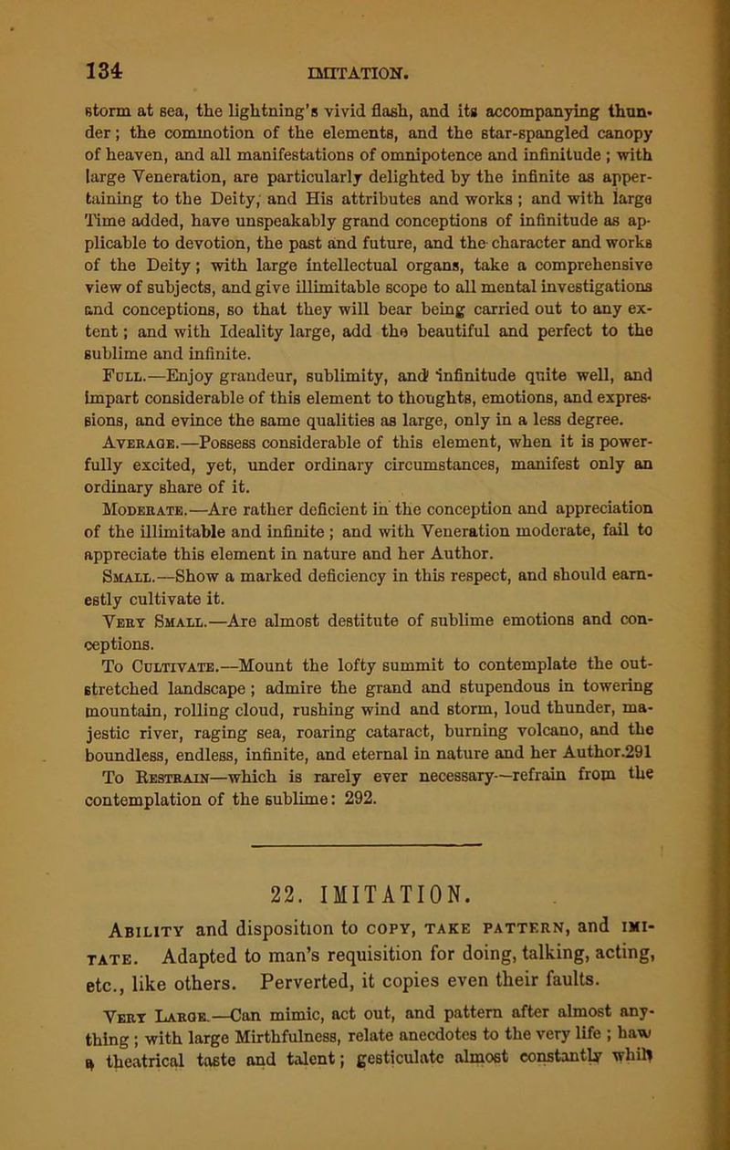storm at sea, the lightning’s vivid flash, and its accompanying than* der; the commotion of the elements, and the star-spangled canopy of heaven, and all manifestations of omnipotence and infinitude ; with large Veneration, are particularly delighted by the infinite as apper- taining to the Deity, and His attributes and works ; and with iarga Time added, have unspeakably grand conceptions of infinitude as ap- plicable to devotion, the past and future, and the- character and works of the Deity; with large intellectual organs, take a comprehensive view of subjects, and give illimitable scope to all mental investigations and conceptions, so that they will bear being carried out to any ex- tent ; and with Ideality large, add the beautiful and perfect to the sublime and infinite. Full.—Enjoy grandeur, sublimity, and infinitude quite well, and impart considerable of this element to thoughts, emotions, and expres- sions, and evince the same qualities as large, only in a less degree. Average.—Possess considerable of this element, when it is power- fully excited, yet, under ordinary circumstances, manifest only an ordinary share of it. Moderate.—Are rather deficient in the conception and appreciation of the illimitable and infinite ; and with Veneration moderate, fail to appreciate this element in nature and her Author. Small.—Show a marked deficiency in this respect, and should earn- estly cultivate it. Very Small.—Are almost destitute of sublime emotions and con- ceptions. To Cultivate.—Mount the lofty summit to contemplate the out- stretched landscape; admire the grand and stupendous in towering mountain, rolling cloud, rushing wind and storm, loud thunder, ma- jestic river, raging sea, roaring cataract, burning volcano, and the boundless, endless, infinite, and eternal in nature and her Author.291 To Restrain—which is rarely ever necessary—refrain from the contemplation of the sublime: 292. Ability and disposition to copy, take pattern, and imi- tate. Adapted to man’s requisition for doing, talking, acting, etc., like others. Perverted, it copies even their faults. Very Large.—Can mimic, act out, and pattern after almost any- thing ; with large Mirthfulness, relate anecdotes to the very life ; haw ^ theatrical taste and talent; gesticulate almost constantly whil* 22. IMITATION.