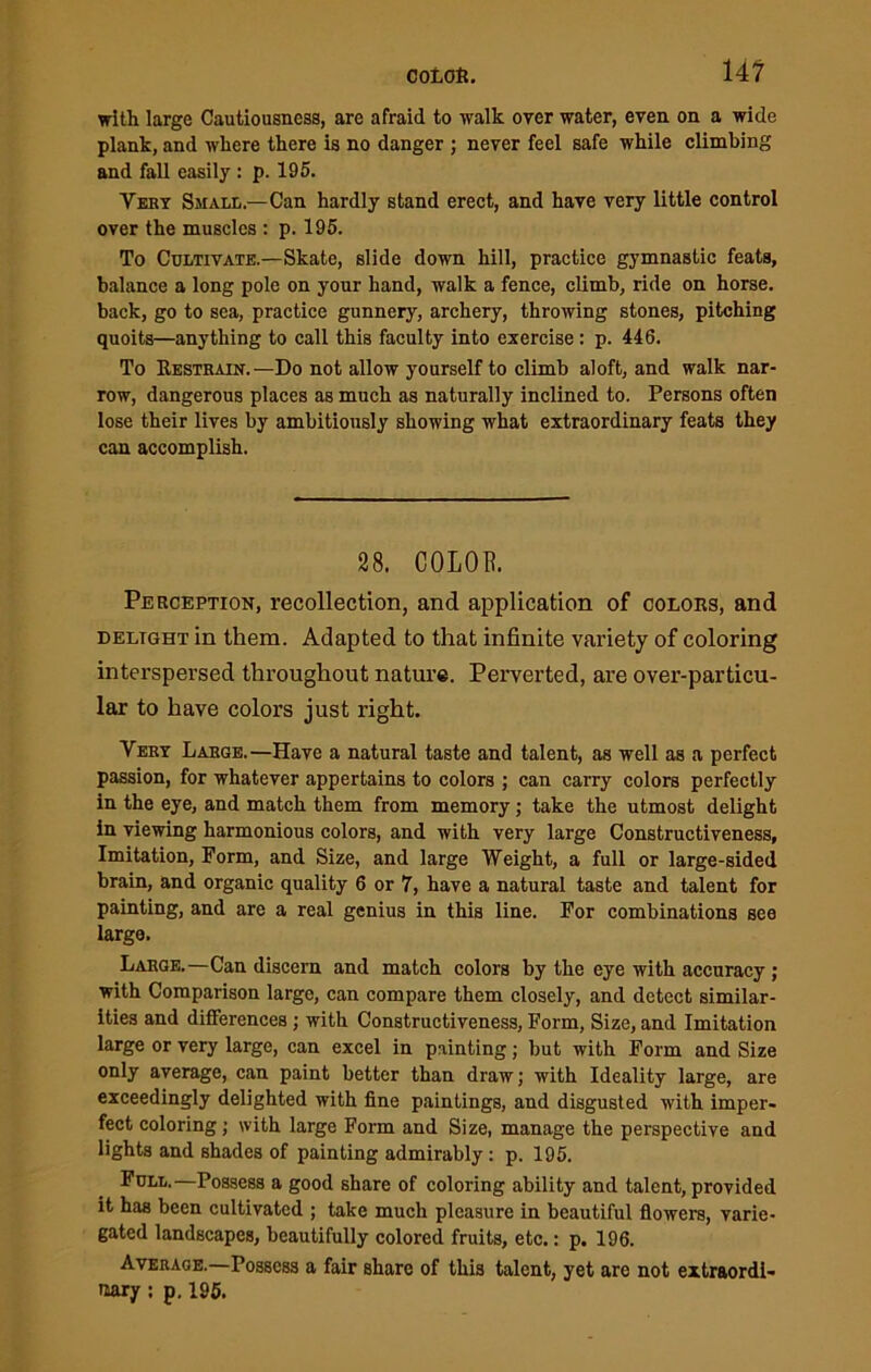 with large Cautiousness, are afraid to walk oyer water, even on a wide plank, and where there is no danger ; never feel safe while climbing and fall easily : p. 195. Very Small.—Can hardly stand erect, and have very little control over the muscles : p. 195. To Cultivate.—Skate, slide down hill, practice gymnastic feats, balance a long pole on your hand, walk a fence, climb, ride on horse, back, go to sea, practice gunnery, archery, throwing stones, pitching quoits—anything to call this faculty into exercise : p. 446. To Restrain.—Do not allow yourself to climb aloft, and walk nar- row, dangerous places as much as naturally inclined to. Persons often lose their lives by ambitiously showing what extraordinary feats they can accomplish. 28. COLOR. Perception, recollection, and application of colors, and deltght in them. Adapted to that infinite variety of coloring interspersed throughout nature. Perverted, are over-particu- lar to have colors just right. Very Large.—Have a natural taste and talent, as well as a perfect passion, for whatever appertains to colors ; can carry colors perfectly in the eye, and match them from memory; take the utmost delight in viewing harmonious colors, and with very large Constructiveness, Imitation, Form, and Size, and large Weight, a full or large-sided brain, and organic quality 6 or 7, have a natural taste and talent for painting, and are a real genius in this line. For combinations see large. Large.—Can discern and match colors by the eye with accuracy ; with Comparison large, can compare them closely, and detect similar- ities and differences; with Constructiveness, Form, Size, and Imitation large or very large, can excel in painting; but with Form and Size only average, can paint better than draw; with Ideality large, are exceedingly delighted with fine paintings, and disgusted with imper- fect coloring; with large Form and Size, manage the perspective and lights and shades of painting admirably: p. 195. Full.—Possess a good share of coloring ability and talent, provided it has been cultivated ; take much pleasure in beautiful flowers, varie- gated landscapes, beautifully colored fruits, etc.: p. 196. Average.—Possess a fair share of this talent, yet are not extraordi- nary ; p. 195.