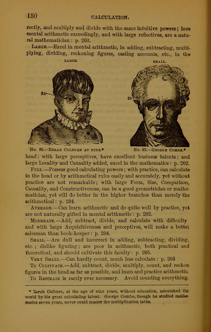 lectly, and multiply and divide with the same intuitive powers; love mental arithmetic exceedingly, and with large reflectives, are a natu- ral mathematician: p. 203. Laroe.—Excel in mental arithmetic, in adding, subtracting, multi- plying, dividing, reckoning figures, casting accounts, etc., in the head; with large perceptives, have excellent business talents; and large Locality and Causality added, excel in the mathematics : p. 202. Full.—Possess good calculating powers; with practice, can calculate in the head or by arithmetical rules easily and accurately, yet without practice are not remarkable; with large Form, Size, Comparison, Causality, and Constructiveness, can be a good geometrician or mathe- matician, yet will do better in the higher branches than merely the arithmetical: p. 204. Average.—Can learn arithmetic and do quite well by practice, yet are not naturally gifted in mental arithmetic : p. 202. Moderate.—Add, subtract, divide, and calculate with difficulty and with large Acquisitiveness and perceptives, will make a bettei salesman than book-keeper: p. 204. Small.—Are dull and incorrect in adding, subtracting, dividing, etc. ; dislike figuring; are poor in arithmetic, both practical and Iheoretical, and should cultivate this faculty : p. 205. Very Small.—Can hardly count, much less calculate : p. 205 To Cultivate.—Add, subtract, divide, multiply, count, and reckon figures in the head as far as possible, and learn and practice arithmetic. To Restrain is rarely ever necessary. Avoid counting everything. ■* Zorah Colburn, at tho ago of nir.c years, without education, astonished the world by his great calculating talent. George Combo, though he studied mathe- matics aoven years, never could matter tho multiplication tablo. laboe. small. No. 92.—Zebah Colburn at nine.* No. 93.—Geobue Combe.*
