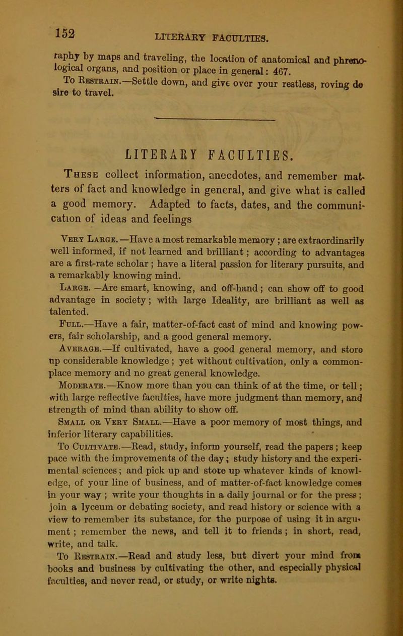 LITERARY FACULTIES. rapky by maps and traveling, the location of anatomical and phreno- logical organs, and position or place in general: 467. To Restrain. Settle down, and give ovor your restless, roving de sire to travel. LITERARY FACULTIES. These collect information, anecdotes, and remember mat- ters of fact and knowledge in general, and give what is called a good memory. Adapted to facts, dates, and the communi- cation of ideas and feelings Verv Large. —Have a most remarkable memory ; are extraordinarily well informed, if not learned and brilliant; according to advantages are a first-rate scholar ; have a literal passion for literary pursuits, and a remarkably knowing mind. Large. —Are smart, knowing, and off-hand; can show off to good advantage in society; with large Ideality, are brilliant as well as talented. Full.—Have a fair, matter-of-fact cast of mind and knowing pow- ers, fair scholarship, and a good general memory. Average.—If cultivated, have a good general memory, and store np considerable knowledge ; yet without cultivation, only a common- place memory and no great general knowledge. Moderate.—Know more than you can think of at the time, or tell; with large reflective faculties, have more judgment than memory, and strength of mind than ability to show off. Small or Yert Small.—Have a poor memory of most things, and inferior literary capabilities. To Cultivate.—Read, study, inform yourself, read the papers ; keep pace with the improvements of the day; study history and the experi- mental sciences; and pick up and store up whatever kinds of knowl- edge, of your line of business, and of matter-of-fact knowledge comes in your way ; write your thoughts in a daily journal or for the press; join a lyceum or debating society, and read history or science with a view to remember its substance, for the purpose of using it in argil* ment; remember the news, and tell it to friends; in short, read, Write, and talk. To Restrain.—Read and study less, but divert your mind from books and business by cultivating the other, and especially physical faculties, and never read, or study, or write nights.