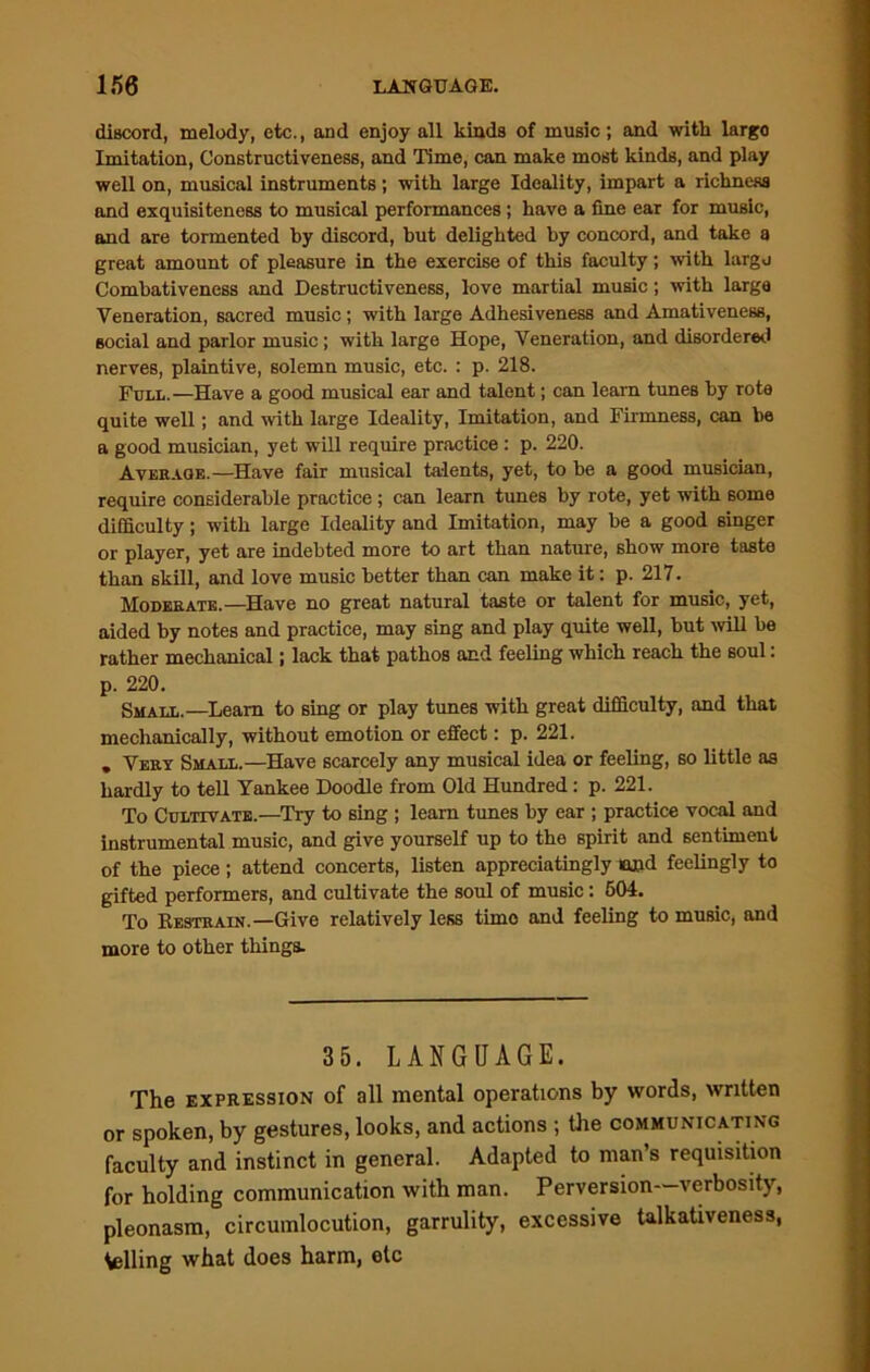 diBcord, melody, etc., and enjoy all kinds of music; and with largo Imitation, Constructiveness, and Time, can make most kinds, and play well on, musical instruments; with large Ideality, impart a richness and exquisiteness to musical performances ; have a fine ear for music, and are tormented by discord, but delighted by concord, and take a great amount of pleasure in the exercise of this faculty; with largo Combativeness and Destructiveness, love martial music; with larga Veneration, sacred music; with large Adhesiveness and Amativeness, social and parlor music; with large Hope, Veneration, and disordered nerves, plaintive, solemn music, etc. : p. 218. Full.—Have a good musical ear and talent; can learn tunes by rote quite well; and with large Ideality, Imitation, and Firmness, can be a good musician, yet will require practice : p. 220. Average.—Have fair musical talents, yet, to be a good musician, require considerable practice ; can learn tunes by rote, yet with some difficulty; with large Ideality and Imitation, may be a good 6inger or player, yet are indebted more to art than nature, show more taste than skill, and love music better than can make it: p. 217. Moderate.—Have no great natural taste or talent for music, yet, aided by notes and practice, may sing and play quite well, but will be rather mechanical; lack that pathos and feeling which reach the soul: p. 220. Small.—Learn to sing or play tunes with great difficulty, and that mechanically, without emotion or effect: p. 221. , Very Small.—Have scarcely any musical idea or feeling, so little as hardly to tell Yankee Doodle from Old Hundred: p. 221. To Cultivate.—Try to sing ; learn times by ear ; practice vocal and instrumental music, and give yourself up to the spirit and sentiment of the piece ; attend concerts, listen appreciatingly mud feelingly to gifted performers, and cultivate the soul of music: 504. To Restrain.—Give relatively less time and feeling to music, and more to other things. 35. LANGUAGE. The expression of all mental operations by words, written or spoken, by gestures, looks, and actions ; the communicating faculty and instinct in general. Adapted to man’s requisition for holding communication with man. Perversion—verbosity, pleonasm, circumlocution, garrulity, excessive talkativeness, telling what does harm, etc