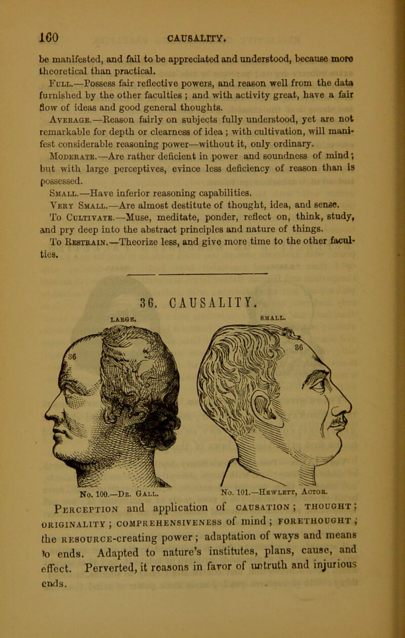 be manifested, and fail to be appreciated and understood, because more theoretical than practical. Full.—Possess fair reflective powers, and reason well from the data furnished by the other faculties ; and with activity great, have a fair flow of ideas and good general thoughts. Average.—Reason fairly on subjects fully understood, yet are not remarkable for depth or clearness of idea ; with cultivation, will mani- fest considerable reasoning power—without it, only ordinary. Moderate.—Are rather deficient in power and soundness of mind; but with large perceptives, evince less deficiency of reason than is possessed. Small.—Have inferior reasoning capabilities. Very Small.—Are almost destitute of thought, idea, and sense. To Cultivate.—Muse, meditate, ponder, reflect on, think, study, and pry deep into the abstract principles and nature of things. To Restrain.—Theorize less, and give more time to the other facul- ties. 36. CAUSALITY. LARGE- SMALL. No. 100.—Dr. Gall. No. 101.—Hewlett, Actor. Perception and application of causation; thought; originality; comprehensiveness of mind; forethought; the RESOURCE-creating power; adaptation of ways and means to ends. Adapted to nature’s institutes, plans, cause, and effect. Perverted, it reasons in favor of untruth and injurious ends.