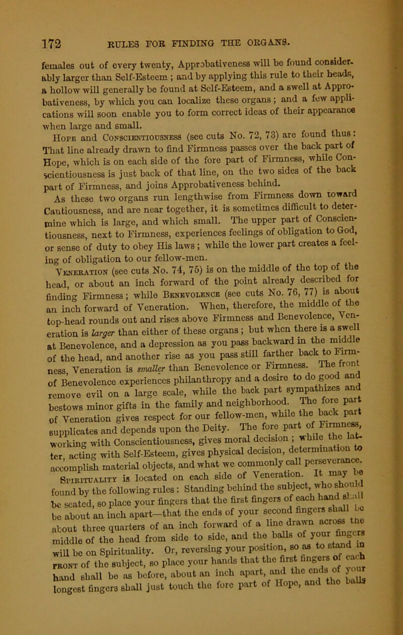 females out of every twenty, Approbativeness will be found consider- ably larger than Self-Esteem ; and by applying this rule to their heads, a hollow will generally be found at Self-Esteem, and a swell at Appro- bativeness, by which you can localize these organs ; and a few appli- cations will soon enable you to form correct ideas of their appearance when large and small. Horn and Conscientiousness (see cuts No. 72, 73) are found thus: That line already drawn to find Firmness passes over the back part of Hope, which is on each side of the fore part of Firmness, while Con- scientiousness is just back of that line, on the two sides of the back part of Firmness, and joins Approbativeness behind. As these two organs run lengthwise from Firmness down toward Cautiousness, and are near together, it is sometimes difficult to deter- mine which is large, and which small. The upper part of Conscien- tiousness, next to Firmness, experiences feelings of obligation to God, or sense of duty to obey His laws ; while the lower part creates a feel- ing of obligation to our fellow-men. Veneration (see cuts No. 74, 75) is on the middle of the top of the head, or about an inch forward of the point already described for finding Firmness; while Benevolence (see cuts No. 76, 77) is about an inch forward of Veneration. When, therefore, the middle of the top-head rounds out and rises above Firmness and Benevolence, \ en- eration is larger than either of these organs ; but when there is a swell at Benevolence, and a depression as you pass backward in the middle of the head, and another rise as you pass still farther back to Firm- ness Veneration is smaller than Benevolence or Firmness. e ron of Benevolence experiences philanthropy and a desire to do goo an remove evil on a large scale, while the back part sympathizes and bestows minor gifts in the family and neighborhood The fore part of Veneration gives respect for our fellow-men, while the back part supplicates and depends upon the Deity. The fore part of Firmness working with Conscientiousness, gives moral decision ; while the ter acting with Self-Esteem, gives physical decision, determination accomplish material objects, and what we commonly call perseverance. Spirituality is located on each side of Veneration. It may found by the following rules: Standing behind the subject, who should be seated, so place your fingers that the first fingers of each band J-Ml be about an inch apart-that the ends of your second fingers shall be aJout three quarters of an inch forward of a line drawn across the middle of the head from side to side, and the balls of your fingc will be on Spirituality. Or, reversing your position, so as to stand in front of the subject, so place your hands that the first fingers o ca< hand shall bo as before, about an inch apart, and the ends of jour longest fingers shall just touch the fore part of Hope, and the balls