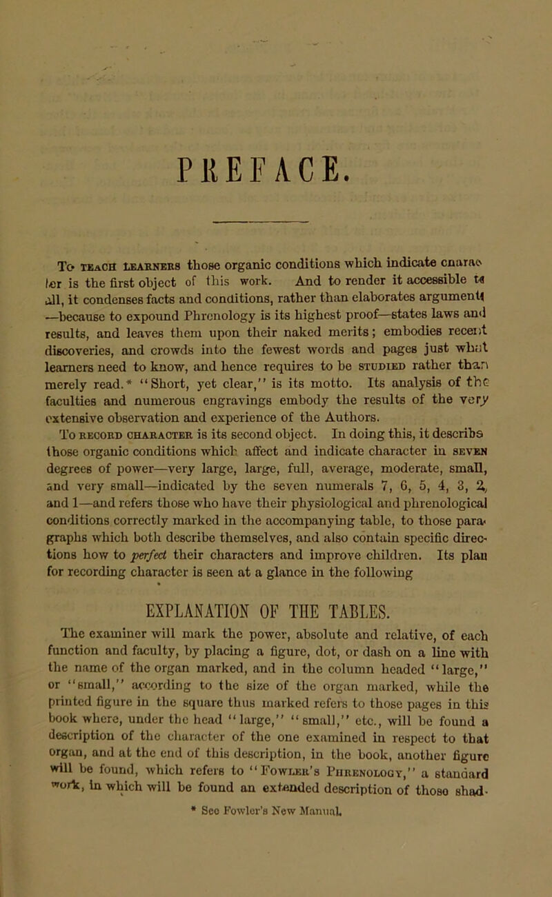 Tc» teach Learners those organic conditions which indicate cnarae- ler is the first object of this work. And to render it accessible ta all, it condenses facts and conditions, rather than elaborates argument —because to expound Phrenology is its highest proof—states laws and results, and leaves them upon their naked merits; embodies recent discoveries, and crowds into the fewest words and pages just wk;it learners need to know, and hence requires to he studied rather than merely read.* “Short, yet clear,” is its motto. Its analysis of the faculties and numerous engravings embody the results of the very extensive observation and experience of the Authors. To record character is its second object. In doing this, it describs those organic conditions which affect and indicate character in seven degrees of power—very large, large, full, average, moderate, small, and very small—indicated by the seven numerals 7, 6, 5, 4, 3, %, and 1—and refers those who have their physiological and phrenological conditions correctly marked in the accompanying table, to those para< graphs which both describe themselves, and also contain specific direc- tions how to perfect their characters and improve children. Its plan for recording character is seen at a glance in the following EXPLANATION OF THE TABLES. The examiner will mark the power, absolute and relative, of each function and faculty, by placing a figure, dot, or dash on a line with the name of the organ marked, and in the column headed “large,” or “small,” according to the size of the organ marked, while the printed figure in the square thus marked refers to those pages in this book where, under the head “large,” “small,” etc., will he found a description of the character of the one examined in respect to that organ, and at the end of this description, in the hook, another figure will he found, which refers to “Fowler’s Phrenology,” a standard work, In which will he found an extended description of thoso shad- * Seo Fowler’s New Manual,