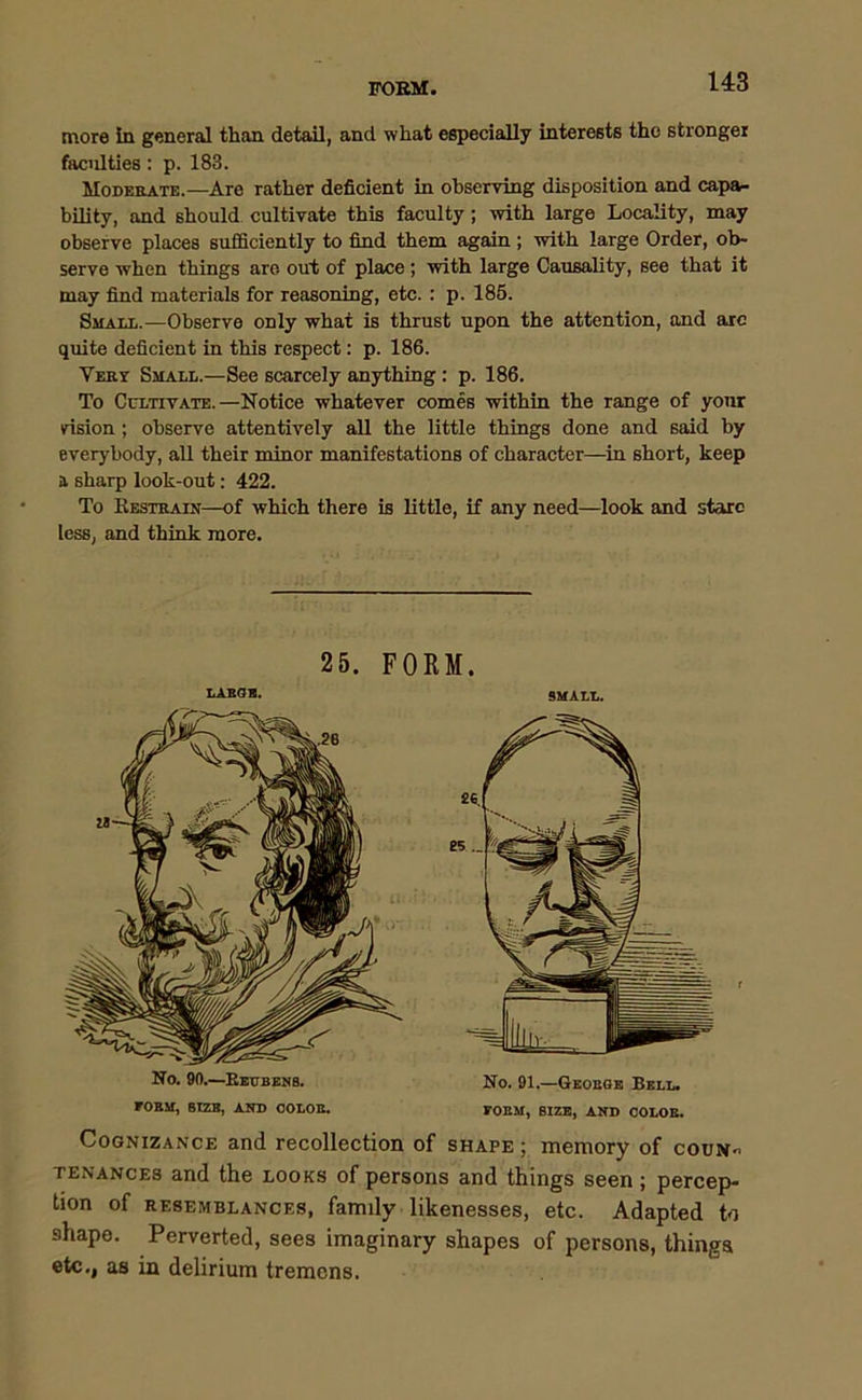 POEM. 14:3 more in general than detail, and what especially interests the stronger faculties: p. 183. Modeeate.—Are rather deficient in observing disposition and capa- bility, and should cultivate this faculty ; with large Locality, may observe places sufficiently to find them again; with large Order, ob- serve when things are out of place; with large Causality, see that it may find materials for reasoning, etc. : p. 185. Small.—Observe only what is thrust upon the attention, and arc quite deficient in this respect: p. 186. Very Small.—See scarcely anything : p. 186. To Cultivate.—Notice whatever comes within the range of your rision; observe attentively all the little things done and said by everybody, all their minor manifestations of character—in short, keep a sharp look-out: 422. To Restrain—of which there is little, if any need—look and stare less, and think more. 25. FORM. LARGS. SMALL. No. 90.—Reubens. No. 91.—George Bell. FORM, SIZE, AND OOLOE. FOEM, SIZE, AND COLOR. Cognizance and recollection of shape ; memory of coun- tenances and the looks of persons and things seen; percep- tion of resemblances, family likenesses, etc. Adapted to shape. Perverted, sees imaginary shapes of persons, things etc., as in delirium tremens.