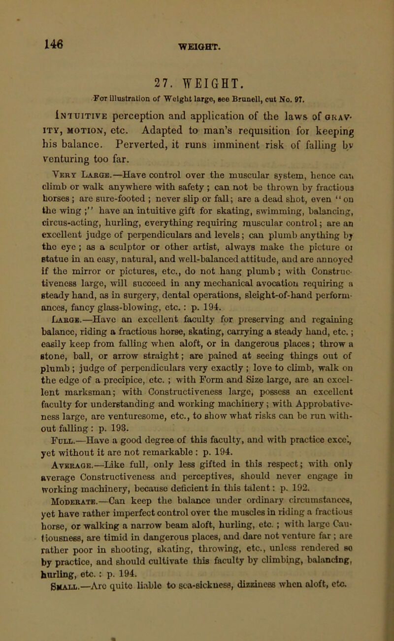 WEIGHT. 27. WEIGHT. For Illustration of Weight large, see Brnnell, out No. 9T. Intuitive perception and application of the laws of grav- ity, motion, etc. Adapted to man’s requisition for keeping his balance. Perverted, it runs imminent risk of falling by venturing too far. Very Large.—Have control over the muscular system, hence can climb or walk anywhere with safety ; can not be thrown by fractious horses ; are sure-footed ; never slip or fall; are a dead shot, even “ on the wing have an intuitive gift for skating, swimming, balancing, circus-acting, hurling, everything requiring muscular control; are an excellent judge of perpendiculars and levels; can plumb anything by the eye ; as a sculptor or other artist, always make the picture oi statue in an easy, natural, and well-balanced attitude, and are annoyed if the mirror or pictures, etc., do not hang plumb; with Construc- tiveness large, will succeed in any mechanical avocation requiring a steady hand, as in surgery, dental operations, sleight-of-hand perform- ances, fancy glass-blowing, etc.: p. 194. Large.—Have an excellent faculty for preserving and regaining balance, riding a fractious horse, skating, carrying a steady hand, etc.; easily keep from falling when aloft, or in dangerous places; throw a stone, ball, or arrow straight; are pained at seeing things out of plumb ; judge of perpendiculars very exactly ; love to climb, walk on the edge of a precipice, etc. ; with Form and Size large, are an excel- lent marksman; with Constructiveness large, possess an excellent faculty for understanding and working machinery ; with Approbative- ness large, are venturesome, etc., to show what risks can be run with- out falling: p. 193. Full.—Have a good degree of this faculty, and with practice excel, yet without it are not remarkable : p. 194. Average.—Like full, only less gifted in this respect; with only average Constructiveness and perceptives, should never engage in working machinery, because deficient in this talent: p. 192. Moderate.—Can keep the balance under ordinary circumstances, yet have rather imperfect control over the muscles in riding a fractious horse, or walking a narrow beam aloft, hurling, etc.; with large Cau- tiousness, are timid in dangerous places, and dare not venture far ; are rather poor in shooting, skating, throwing, etc., unless rendered so by practice, and should cultivate this faculty by climbing, balancing, hurling, etc.: p. 194. Shall.— Are quite liable to sea-sickucss, dizziness when aloft, etc.