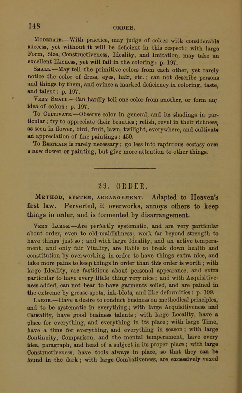 OBDEK. US Moderate—With practice, may judge of cok/s with considerable success, yet without it will be deficient in this respect; with large Form, Size, Constructiveness, Ideality, and Imitation, may take an excellent likeness, yet will fail in the coloring: p. 197. Small.—May tell the primitive colors from each other, yet rarely notice the color of dress, eyes, hair, etc. ; can not describe persons and things by them, and evince a marked deficiency in coloring, taste, and talent: p. 197. Very Small.—Can hardly tell one color from another, or form anr idea of colors : p. 197. To Cultivate.—Observe color in general, and its shadings in par- ticular ; try to appreciate their beauties ; relish, revel in their richness, as seen in flower, bird, fruit, lawn, twilight, everywhere, and cultivate an appreciation of fine paintings: 450. To Restrain is rarely necessary ; go less into rapturous ecstasy ovei a new flower or painting, but give more attention to other things. 29. ORDER. Method, system, arrangement. Adapted to Heaven’s first law. Perverted, it overworks, annoys others to keep things in order, and is tormented by disarrangement. Very Large.—Are perfectly systematic, and are very particular about order, even to old-maidishness; work far beyond strength to have things just so ; and with large Ideality, and an active tempera- ment, and only fair Vitality, are liable to break down health and constitution by overworking in order to have things extra nice, and take more pains to keep things in order than this order is worth ; with large Ideality, are fastidious about personal appearance, and extra particular to have every little thing very nice ; and with Aequisitive- noss added, can not bear to have garments soiled, and are pained in the extreme by grease-spots, ink-blots, and like deformities : p. 199. Large.—Have a desire to conduct business on methodical principles, and to be systematic in everything; with large Acquisitiveness and Causality, have good business talents; with large Locality, have a place for everything, and everything in its place; with large Time, have a time for everything, and everything in season; with largo Continuity, Comparison, and the mental temperament, have every idea, paragraph, and head of a subject in its proper place ; with large Constructiveness, have tools always in place, so that they can be found in the dark; with large Combativeness, are excessively vexed