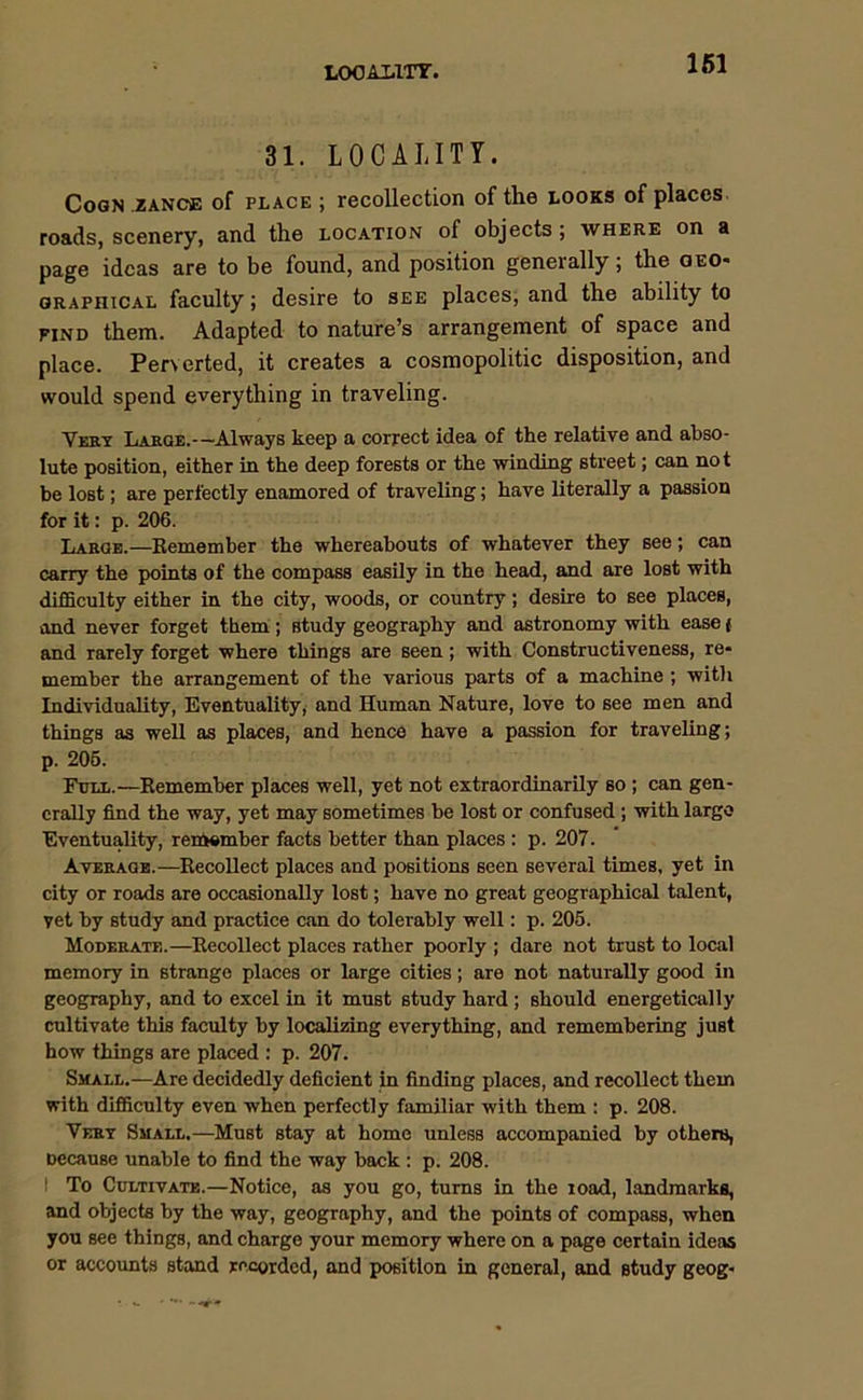 LOOAilTT. 31. LOCALITY. Coon .zance of place ; recollection of the looks of places roads, scenery, and the location of objects; where on a page ideas are to be found, and position geneially; the geo* graphical faculty; desire to see places, and the ability to find them. Adapted to nature’s arrangement of space and place. Perverted, it creates a cosmopolitic disposition, and would spend everything in traveling. Vert Large.-— Always keep a correct idea of the relative and abso- lute position, either in the deep forests or the winding street; can not be lost; are perfectly enamored of traveling; have literally a passion for it: p. 206. Large.—Remember the whereabouts of whatever they see; can carry the points of the compass easily in the head, and are lost with difficulty either in the city, woods, or country; desire to see placeB, and never forget them; study geography and astronomy with ease f and rarely forget where things are seen; with Constructiveness, re- member the arrangement of the various parts of a machine ; with Individuality, Eventuality, and Human Nature, love to see men and things as well as places, and hence have a passion for traveling; p. 206. Full.—Remember places well, yet not extraordinarily so ; can gen- erally find the way, yet may sometimes be lost or confused ; with largo Eventuality, renumber facts better than places : p. 207. Average.—Recollect places and positions seen several times, yet in city or roads are occasionally lost; have no great geographical talent, vet by study and practice can do tolerably well: p. 205. Moderate.—Recollect places rather poorly ; dare not trust to local memory in strange places or large cities; are not naturally good in geography, and to excel in it must study hard ; should energetically cultivate this faculty hy localizing everything, and remembering just how things are placed : p. 207. Small.—Are decidedly deficient in finding places, and recollect them with difficulty even when perfectly familiar with them : p. 208. Vert Small.—Must stay at home unless accompanied by others, Decause unable to find the way back : p. 208. I To Cultivate.—Notice, as you go, turns in the ioad, landmarks, and objects by the way, geography, and the points of compass, when you see things, and charge your memory where on a page certain ideas or accounts stand recorded, and position in general, and study geog-