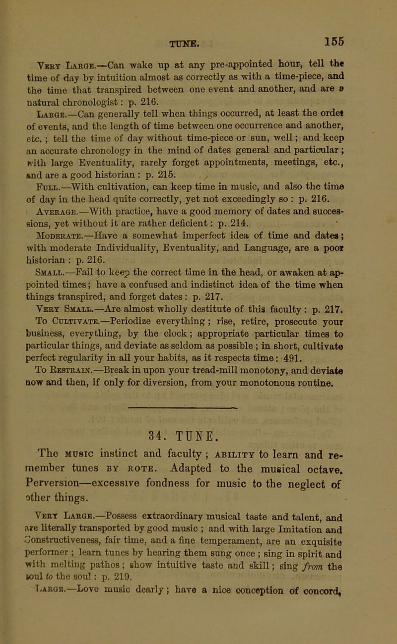 TUNE. Very Large.—Can wake up at any pre-appointed hour-, tell the time of day by intuition almost as correctly as with a time-piece, and the time that transpired between one event and another, and are 0 natural chronologist: p. 216. Large.—Can generally tell when things occurred, at least the ordet of events, and the length of time between one occurrence and another, etc. ; tell the time of day without time-piece or sun, well; and keep an accurate chronology in the mind of dates general and particular ; Kith large Eventuality, rarely forget appointments, meetings, etc., and are a good historian : p. 216. Full.—With cultivation, can keep time in music, and also the time of day in the head quite correctly, yet not exceedingly so : p. 216. Average.—With practice, have a good memory of dates and succes- sions, yet without it are rather deficient: p. 214. Moderate.—Have a somewhat imperfect idea of time and dates; with moderate Individuality, Eventuality, and Language, are a poor historian : p. 216. Small.—Fail to keep the correct time in the head, or awaken at ap- pointed times; have a confused and indistinct idea of the time when things transpired, and forget dates : p. 217. Very Small.—Are almost wholly destitute of this faculty : p. 217. To Cultivate.—Periodize everything; rise, retire, prosecute your business, everything, by the clock; appropriate particular times to particular things, and deviate as seldom as possible ; in short, cultivate perfect regularity in all your habits, as it respects time: 491. To Kestrain.—Break in upon your tread-mill monotony, and deviate now and then, if only for diversion, from your monotonous routine. 34. TUNE. The music instinct and faculty ; ability to learn and re- member tunes by rote. Adapted to the musical octave. Perversion—excessive fondness for music to the neglect of other things. Very Large.—Possess extraordinary musical taste and talent, and are literally transported by good music ; and with large Imitation and Constructiveness, fair time, and a fine temperament, are an exquisite performer ; learn tunes by hearing them sung once ; sing in spirit and with melting pathos; show intuitive taste and skill; sing from, the toul to the soul : p. 219. Large.—Love music dearly; have a nice conception of concord.