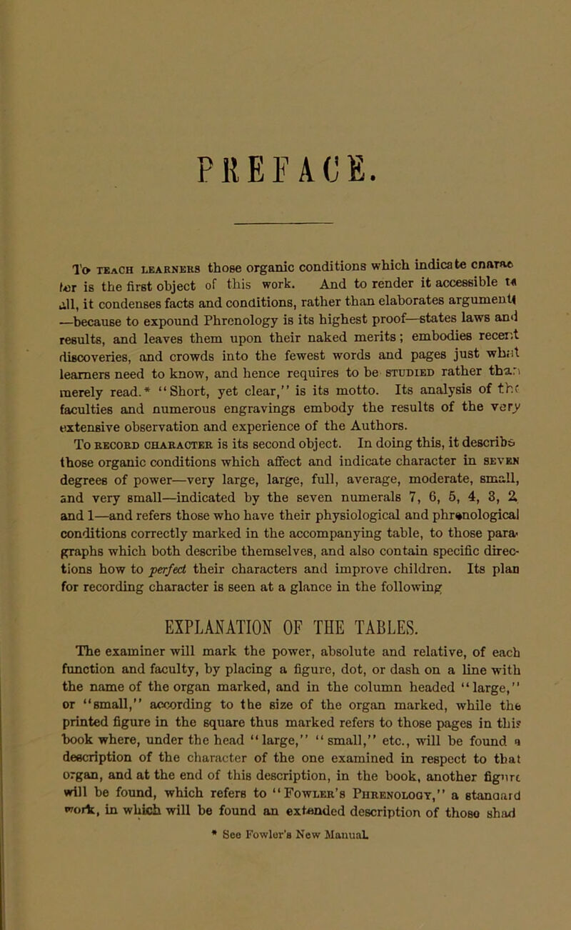 PREFACE. To teaCh MARNEK9 thosc Organic conditions which indicate cnarae ter is the first object of this work. And to render it accessible t« all, it condenses facts and conditions, rather than elaborates argument —because to expound Phrenology is its highest proof—states laws and results, and leaves them upon their naked merits; embodies recer.t discoveries, and crowds into the fewest words and pages just whfit learners need to know, and hence requires to be studied rather than merely read.* “Short, yet clear,” is its motto. Its analysis of the faculties and numerous engravings embody the results of the very extensive observation and experience of the Authors. To BECOED CHABAOTEK IS its second object. In doing this, it describs those organic conditions which affect and indicate character in sever degrees of power—very large, large, full, average, moderate, small, and very small—indicated by the seven numerals 7, 6, 6, 4, 3, i and I—and refers those who have their physiological and phranological conditions correctly marked in the accompanying table, to those para< graphs which both describe themselves, and also contain specific direc- tions how to perfect their characters and improve children. Its plan for recording character is seen at a glance in the following EXPLANATION OF THE TABLES. The examiner will mark the power, absolute and relative, of each function and faculty, by placing a figure, dot, or dash on a line with the name of the organ marked, and in the column headed “large,” or “small,” according to the size of the organ marked, while the printed figure in the square thus marked refers to those pages in this hook where, under the head “large,” “ small,” etc., will be found a description of the character of the one examined in respect to that organ, and at the end of this description, in the book, another figure will be found, which refers to “Fowlee’s Phbenodoot,” a stanaard work, in which will be found an extended description of those shad • See Fowler's New Manual.
