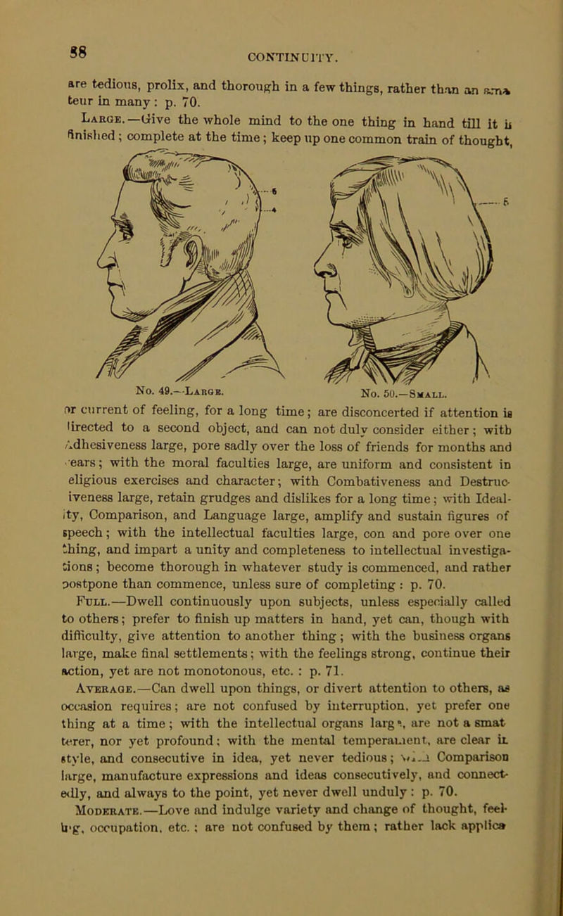 CONTINUITY. are tedious, prolix, and thorough in a few things, rather th.-vn on sjn* teur in many : p. 70. Laeoe. —Give the whole mind to the one thing in hand till it u dnislied; complete at the time; keep up one common train of thought. or current of feeling, for a long time; are disconcerted if attention is lirected to a second object, and can not duly consider either; with /adhesiveness large, pore sadly over the loss of friends for months and ■ears; with the moral faculties large, are uniform and consistent in eligious exercises and character; with Combativeness and Destruc- iveness large, retain grudges and dislikes for a long time; with Ideal- ity, Comparison, and Language large, amplify and sustain figures of speech; with the intellectual faculties large, con and pore over one thing, and impart a unity and completeness to intellectual investiga- tions ; become thorough in whatever study is commenced, and rather postpone than commence, unless sure of completing : p. 70. Full.—Dwell continuously upon subjects, unless especially called to others; prefer to finish up matters in hand, yet can, though with difficulty, give attention to another thing; with the business organs large, make final settlements; with the feelings strong, continue their action, yet are not monotonous, etc. : p. 71. Average.—Can dwell upon things, or divert attention to othere, as occasion requires; are not confused by interruption, yet prefer one thing at a time; with the intellectual organs larg^, are not a smat terer, nor yet profound; with the mental temperament, are clear u. style, and consecutive in idea, yet never tedious; so—i Comparison large, manufacture expressions and ideas consecutively, and connect- e<lly, and always to the point, yet never dwell unduly; p. 70. Moderate.—Love and indulge variety and change of thought, feel- ing, occupation, etc. : are not confused by them; rather lack applies