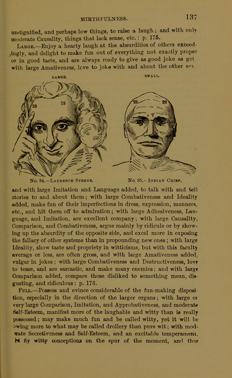 Qiiflignified, and perhaps low things, to raise a laugh ; and with only moderate Causality, things that lack sense, etc.: p. 176. Large.—Enjoy a hearty laugh at the absurdities of others exceed- fingly, and delight to make fun out of everything not exactly proper or in good taste, and are always ready to give as good joke as gel with large Amativeness, love to joke with and about the other s^\ LABOR, SMALL. and with large Imitation and Language added, to talk with and tell stories to and about them; with large Comhativeness and Ideality added, make fun of their imperfections in dress, expression, manners, etc., and hit them off to admiration; with large Adhesiveness, Lan- guage, and Imitation, are excellent company; with large Causality, Comparison, and Combativeness, argue mainly by ridicule or by show- ing up the absurdity of the opposite side, and excel more in exposing the fallacy of other systems than in propounding new ones; with large Ideality, show taste and propriety in witticisms, but with this faculty average or less, are often gross, and with large Amativeness added, vulgar in jokes ; with large Combativeness and Destructiveness, love to tease, and are sarcastic, and make many enemies; and with large Comparison added, compare those disliked to something mean, dis- gusting, and ridiculous: p. 173. Full.—Possess and evince considerable of the fun-making disposi- tion, especially in the direction of tho larger organs; with large oi very large Comparison, Imitation, and Approbativeness, and moderate Self-Esteem, manifest more of the laughable and witty than is really possessed; may make much fun and be called witty, yet it will be owing more to what may be called drollery than pure wit; with mod- erate Secretivsness and Self-Esteem, and an excitable temperameni, K fly witty conceptions on the spur of the moment, and thtir