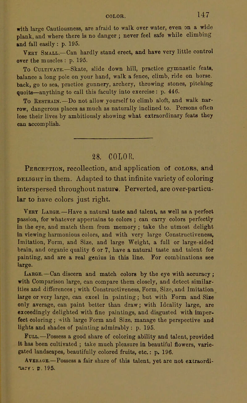 COLOR. with large Cautiousness, are afraid to walk over water, even on a wide plank, and where there is no danger ; never feel safe while climbing and fall easily : p. 195. Very Small.—Can hardly stand erect, and have very little control over the muscles ; p. 195. To Cultivate.—Skate, slide down hill, practice gymnastic feats, balance a long pole on your hand, walk a fence, climb, ride on horse, back, go to sea, practice gunnery, archery, throwing stones, pitching quoite—anything to call this faculty into exercise: p. 446. To Restrain.—Do not allow yourself to climb aloft, and walk nar- row, dangerous places as much as naturally inclined to. Persons often lose their lives by ambitiously showing what extraordinary feats they can accomplish. 28. COLOR. Perception, recollection, and application of colors, and DELIGHT in them. Adapted to that infinite variety of coloring interspersed throughout nature. Perverted, are over-particu- lar to have colors just right. Very Large.—Have a natural taste and talent, as well as a perfect passion, for whatever appertains to colors ; can carry colors perfectly in the eye, and match them from memory; take the utmost delight in viewing harmonious colors, and with very large Constructiveness, Imitation, Form, and Size, and large Weight, a full or large-sided brain, and organic quality 6 or 7, have a natural taste and talent for painting, and are a real genius in this line. For combinations see large. Large.—Can discern and match colors by the eye with accuracy ; with Comparison large, can compare them closely, and detect similar- ities and differences; with Constructiveness, Form, Size, and Imitation large or very large, can excel in painting; but with Form and Size only average, can paint better than draw; with Ideality large, are exceedingly delighted with fine paintings, and disgusted with imper- fect coloring; with large Form and Size, manage the perspective and lights and shades of painting admirably : p. 195. Full.—Possess a good share of coloring ability and talent, provided it has been cultivated ; take much pleasure in beautiful flowers, varie- gated landscapes, beautifully colored fruits, etc.: p. 196. Averaob.—Possess a fair share of this talent, yet are not extraordi- 'larv •. p. 195.