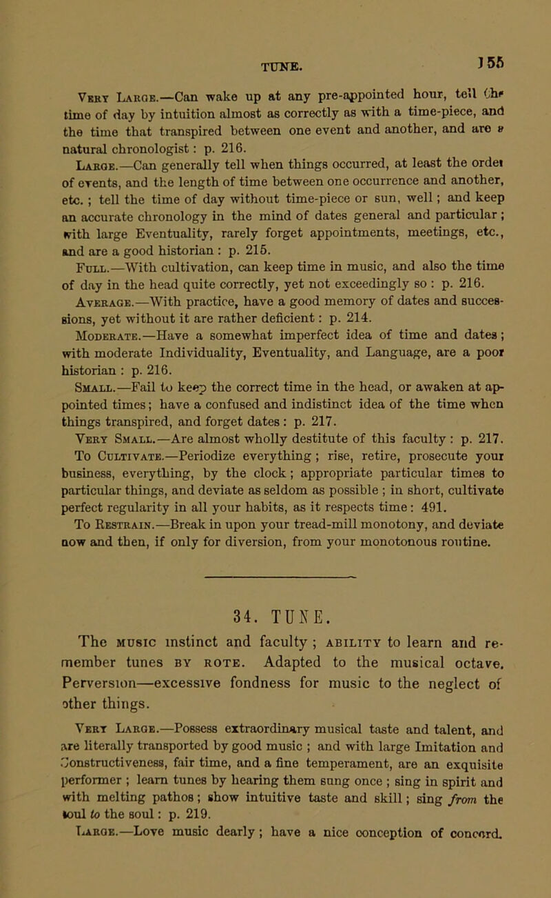 TUNE. J56 Very Laroe.—Can wake up at any pre-appointed hour, tell thf time of day by intuition almost as correctly as -with a time-piece, and the time that transpired between one event and another, and are » natural chronologist: p. 216. Laroe.—Can generally tell when things occurred, at least the ordei of events, and the length of time between one occurrence and another, etc.; tell the time of day without time-piece or sun, well; and keep an accurate chronology in the mind of dates general and particular ; with large Eventuality, rarely forget appointments, meetings, etc., and are a good historian : p. 215. Fuel.—With cultivation, can keep time in music, and also the time of day in the head quite correctly, yet not exceedingly so : p. 216. Average.—With practice, have a good memory of dates and succes- sions, yet without it are rather deficient; p. 214. Moderate.—Have a somewhat imperfect idea of time and dates; with moderate Individuality, Eventuality, and Language, are a poor historian : p. 216. Small.—Fail to keep the correct time in the head, or awaken at ap- pointed times; have a confused and indistinct idea of the time when things transpired, and forget dates: p. 217. Vert Small.—Are almost wholly destitute of this faculty : p. 217. To Cultivate.—Periodize everything; rise, retire, prosecute your business, everything, by the clock; appropriate particular times to particular things, and deviate as seldom as possible ; in short, cultivate perfect regularity in all your habits, as it respects time; 491. To Eestrain.—Break in upon your tread-mill monotony, and deviate now and then, if only for diversion, from your monotonous routine. 34. TUNE. The MUSIC instinct and faculty ; ability to learn and re- member tunes BY ROTE. Adapted to the musical octave. Perversion—excessive fondness for music to the neglect of other things. Vert Laroe.—Possess extraordinary musical taste and talent, and are literally transported by good music ; and with large Imitation and .Constructiveness, fair time, and a fine temperament, are an exquisite lierformer ; learn tunes by hearing them sung once ; sing in spirit and with melting pathos; show intuitive taste and skill; sing from the loul to the soul; p. 219. Tliroe.—Love music dearly; have a nice conception of concord.