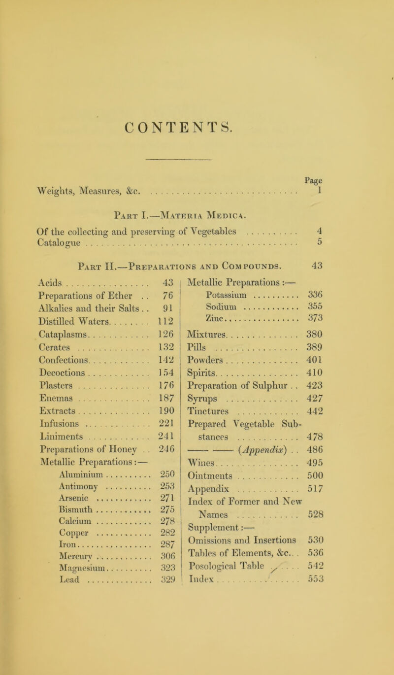 CONTENTS. Page Weiglits, Measures, &c 1 Part I.—Materia Medica. Of the collccting and preserving of Vegetables 4 Catalogue 5 Part II.—Preparations and Compounds. 43 Acids 43 Preparations of Etlier .. 76 Alkalies and their Saks .. 91 Distillcd Waters 112 Cataplasms 126 Cerates 132 Confections 142 Decoctions 1.54 Pla.sters 176 Enemas 187 Extracts 190 Infusions 221 liiniments 241 Preparations of Iloney . 246 Metallic Prcjiarations:— Aluminium 250 Antimony 253 Arsenic 2/1 Bismuth 275 Calcium 2/8 Copper 282 Iron 28/ Mercury 306 Magnesium 32.3 Lead 329 Metallic Preparations:— Potassium 336 Sodium 355 Zinc .373 Mixtures 380 Pilis 389 Powders 401 Spirits 410 Preparation of Sulphur . . 423 Syrnps 427 Tinctures 442 Prepared Yegetable Sub- stances 4 78 {Appendix) . . 486 Wines 495 Ointments 500 Appendix 517 Index of Former and New Names 528 Supplcment:— Omissions and Insertions 530 Tables of Elcments, &c.. . 536 Posologioal Table y . 542 Index 553