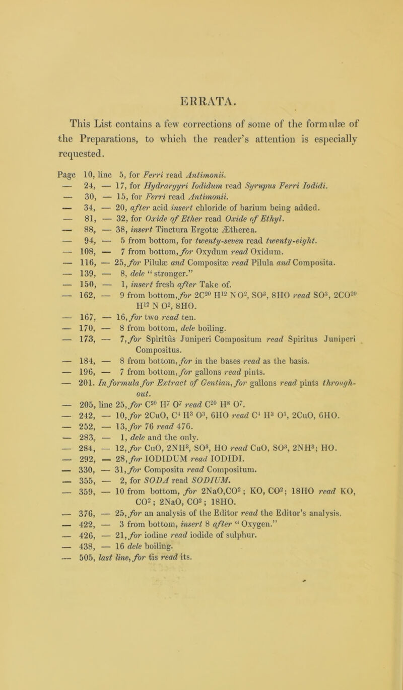 EI? RATA. This List coutains a fcw corrections of some of the formulse of the Preparatious, to which the reader’s attentiou is especially rcquested. Page 10, 24, 30, 34, 81, 88, 94, 108, 116, 139, 150, 162, 167, 170, 173, — 184, — 196, — 201. — 205, — 242, — 252, — 283, — 284, — 292, — 330, — 355, — 359, — 376, — 422, — 426, — 438, ~ 505, line 5, for Ferri read Anthnonii. — 17, for Hydrargyri lodidum read Syrupus Ferri lodidi. — 15, for Ferri read Antimonii. — 20, afler acid insert chloride of barium being added. — 32, for Oxide of Ether read Oxide of Ethyl. — 38, insert Tinctura Ergotsc jEtlierea. — 5 from bottom, for twenty-seven read twenty-eight. — 7 from bottom,yb»' Oxyduin read Oxidum. — 2b,for Pilulaj and Compositae read Pilula and Composita. — 8, dele “ stronger.” — 1, insert fresh after Take of. — 9 from bottom,/or 2C2« NO^, SO», 8HO read SOh 2C02« N Q2, 8HO. — 16,/br two read ten. — 8 from bottom, dele boiling. — Iifor Spiritus Juniperi Compositum read Spiritus Juniperi Compositus. — 8 from bottom,/or in the bases read as the basis. — 7 from bottom,/br gallons read pints. In formula for Extract of Gentian, for gallons read pints through- out. line 25,/or C^o IP 0' read C20 11« 0^. — \Q,for 2CuO, C^ IP Q2, 6110 read C^ iP O'*, 2CuO, 6HO. — \Z,for 76 read 476. — 1, dele and the only. — 12,/o/' CuO, 2NIP,’S03, HO read CuO, SO% 2NIP; HO. — 28,/or lODIDUM read lODlDI. — Z\,for Composita read Compositum. — 2, for SODA read SODIUM. — 10 from bottom,/br 2Na0,C02; KO, CO^; 18HO read KO, CQ2; 2NaO, C02; 18HO. — 2b,for an analysis of tbe Editor read the Editor’s analysis. — 3 from bottom, insert 8 after “ Oxygen.” — 21,ybr iodine read iodide of sulpbur. — 16 dele boiling. last line, for tis read its.