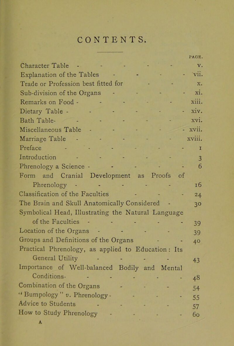 CONTENTS. PAGE. Character Table ----- v. Explanation of the Tables ... - vii. Trade or Profession best fitted for - - x. Sub-division of the Organs - - - - xi. Remarks on F'ood ----- xiii. Dietary Table ------ xiv. Bath Table- - - - - - xvi. Miscellaneous Table ----- xvii. Marriage Table ----- xviii. Preface - - - - i Introduction - 3 Phrenology a Science ----- 6 Form and Cranial Development as Proofs of Phrenology - - - - - 16 Classification of the Faculties - - - 24 The Brain and Skull Anatomically Considered - 30 Symbolical Head, Illustrating the Natural Language of the Faculties - - - - 39 Location of the Organs - - - - 39 Groups and Definitions of the Organs - - 40 Practical Phrenology, as applied to Education : Its General Utility .... 43 Importance of Well-balanced Bodily and Mental Conditions- - - - - - 48 Combination of the Organs 34 “ Bumpology ” v. Phrenology- - - - 55 Advice to Students . 37 How to Study Phrenology - - - - 60 A