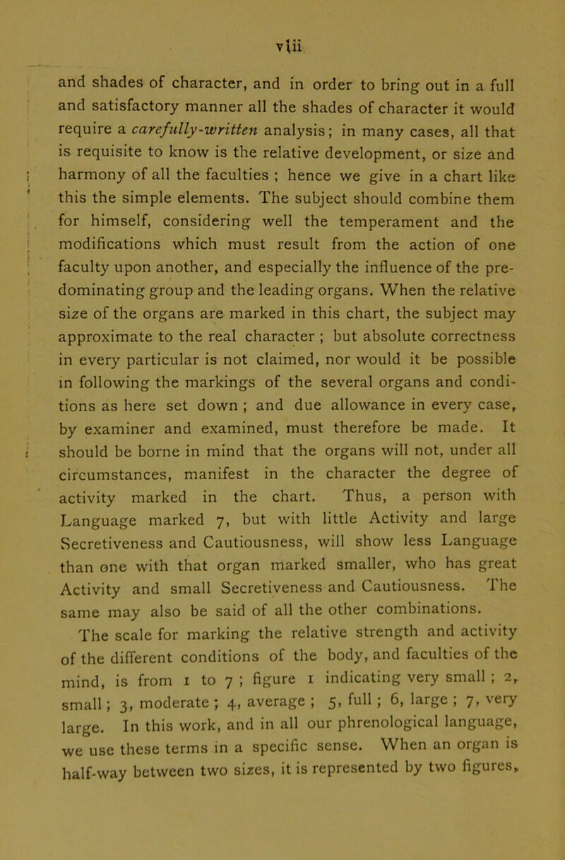 and satisfactory manner all the shades of character it would require a carefully-written analysis; in many cases, all that is requisite to know is the relative development, or size and harmony of all the faculties ; hence we give in a chart like this the simple elements. The subject should combine them for himself, considering well the temperament and the modifications which must result from the action of one faculty upon another, and especially the influence of the pre- dominating group and the leading organs. When the relative size of the organs are marked in this chart, the subject may approximate to the real character ; but absolute correctness in every particular is not claimed, nor would it be possible in following the markings of the several organs and condi- tions as here set down ; and due allowance in every case, by examiner and examined, must therefore be made. It should be borne in mind that the organs will not, under all circumstances, manifest in the character the degree of activity marked in the chart. Thus, a person with Language marked 7, but with little Activity and large Secretiveness and Cautiousness, will show less Language than one with that organ marked smaller, who has great Activity and small Secretiveness and Cautiousness. The same may also be said of all the other combinations. The scale for marking the relative strength and activity of the different conditions of the body, and faculties of the mind, is from 1 to 7; figure 1 indicating very small ; 2, small; 3, moderate ; 4, average ; 5, full; 6, large ; 7, very large. In this work, and in all our phrenological language, we use these terms in a specific sense. When an organ is half-way between two sizes, it is represented by two figures.