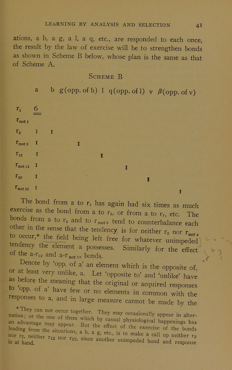 ations, a b, a g, a 1, a q, etc., are responded to each once, the result by the law of exercise will be to strengthen bonds as shown in Scheme B below, whose plan is the same as that of Scheme A. Scheme B a b g(opp. ofb) 1 q(opp.ofl) v /3(opp. of v) ‘not 1 1 not 2 112 lnot 12 122 1 not 22 The bond from a to rx has again had six times as much exercise as the bond from a to r2, or from a to r7, etc. The onds from a to i2 and to rnot2 tend to counterbalance each other in the sense that the tendency is for neither r2 nor r f to occur,* the field being left free for whatever unimpeded en ency the element a possesses. Similarly for the effect of the a-r12 and a-rnotl2 bonds. Denote by ‘opp. of a’ an element which is the opposite of or at least very unlike, a. Let ‘opposite to’ and ‘unlike’ have as before the meaning that the original or acquired responses opp. of a have few or no elements in common with the ponses to a, and in large measure cannot be made by the nation; or the olieTtheT'A A7 m3y occasionaI!y appear in alter- an advantage may appear Put'tl ' T'3' |jhl'slolo*:lcal happenings has leading from the sijadons, a b ! g 1“ ° 'he ,he nor r7, neither rio nnr r • ’ ‘ g’ •> IS to make a call up neither ro is at hand. ’ SlnCC an°ther unimPeded bond and response